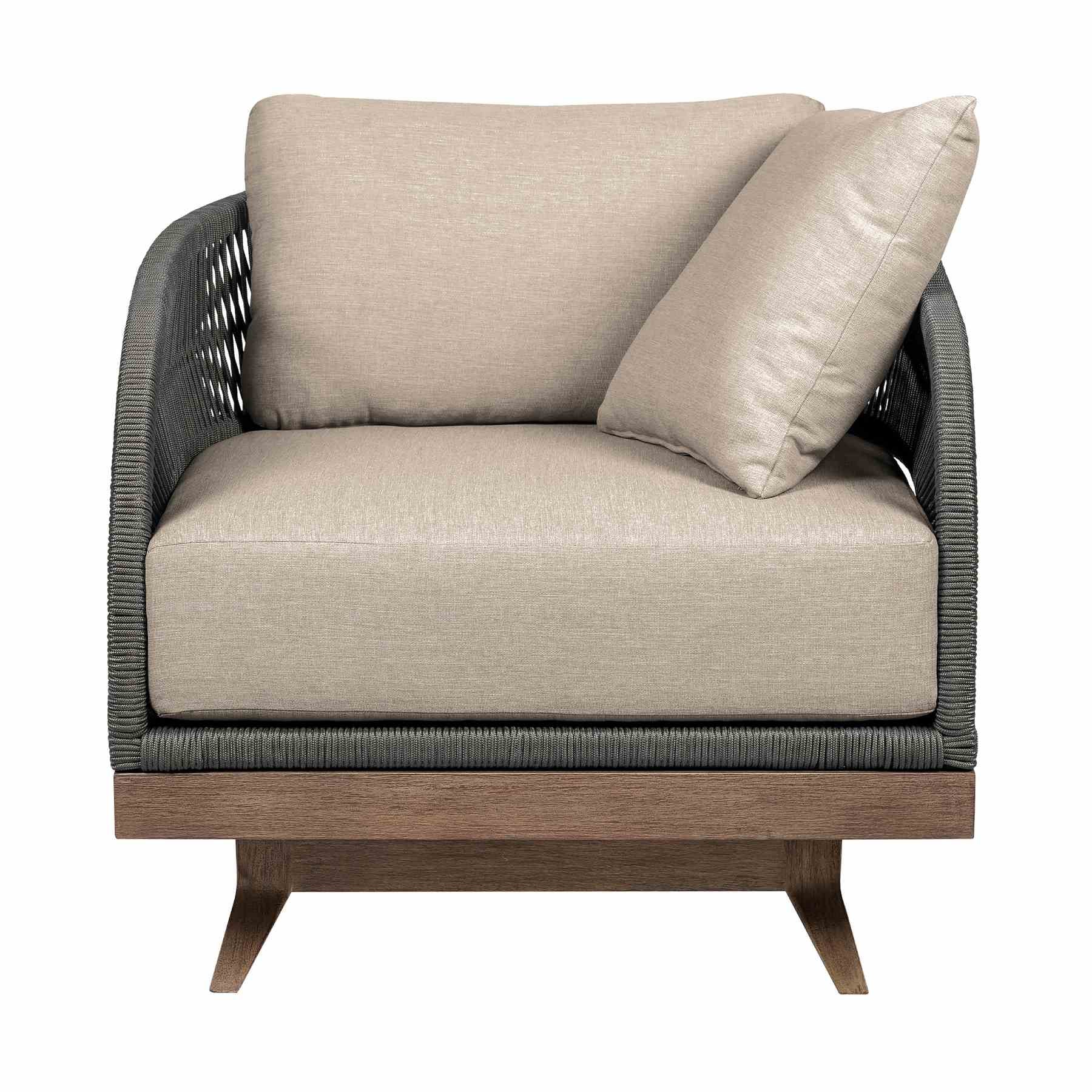 Orbit Swivel Outdoor Patio Chair in Weathered Eucalyptus Wood with Gray Rope and Taupe Olefin Cushions - Image 2