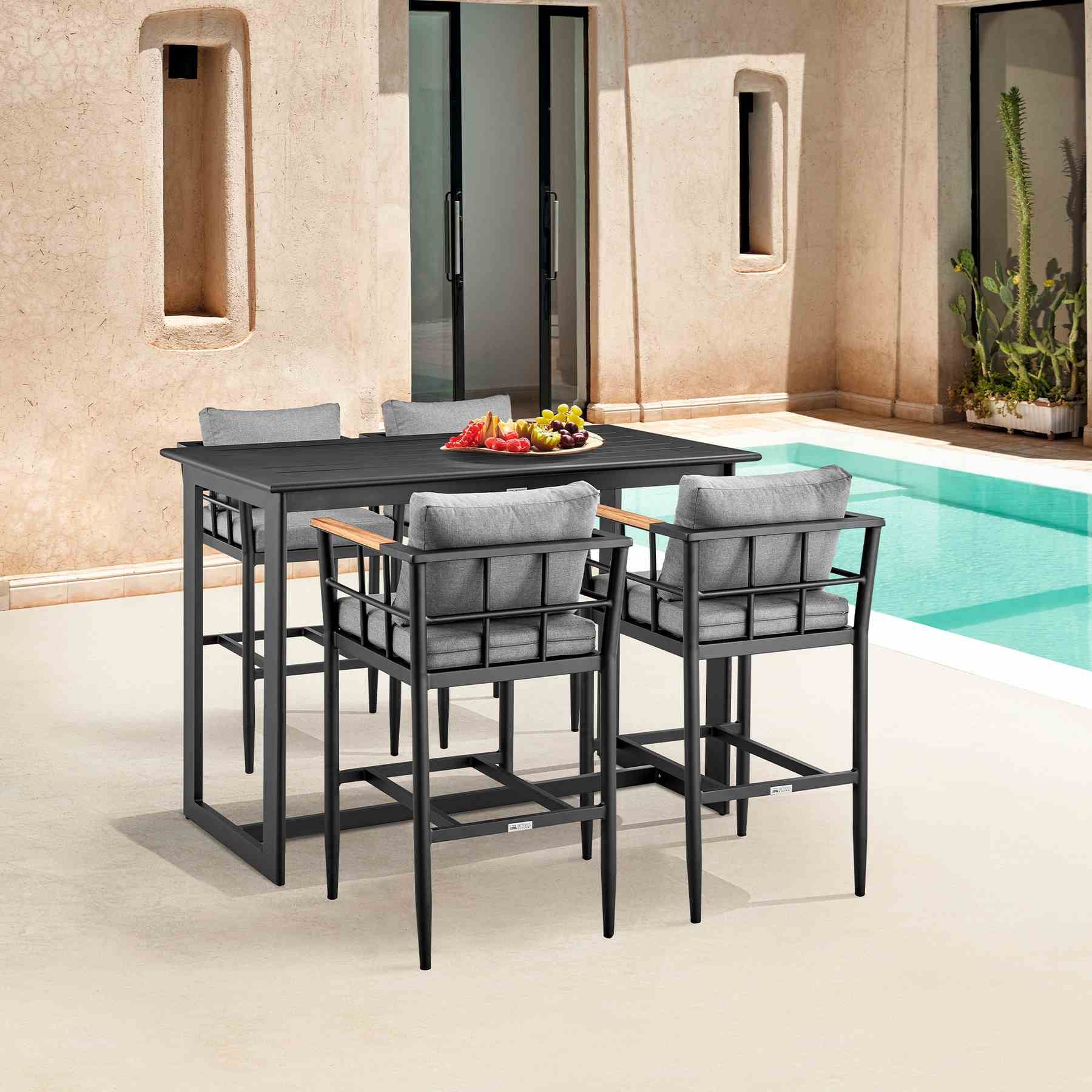 Orlando Outdoor Patio Bar Stool in Aluminum and Teak with Gray Cushions - Image 11