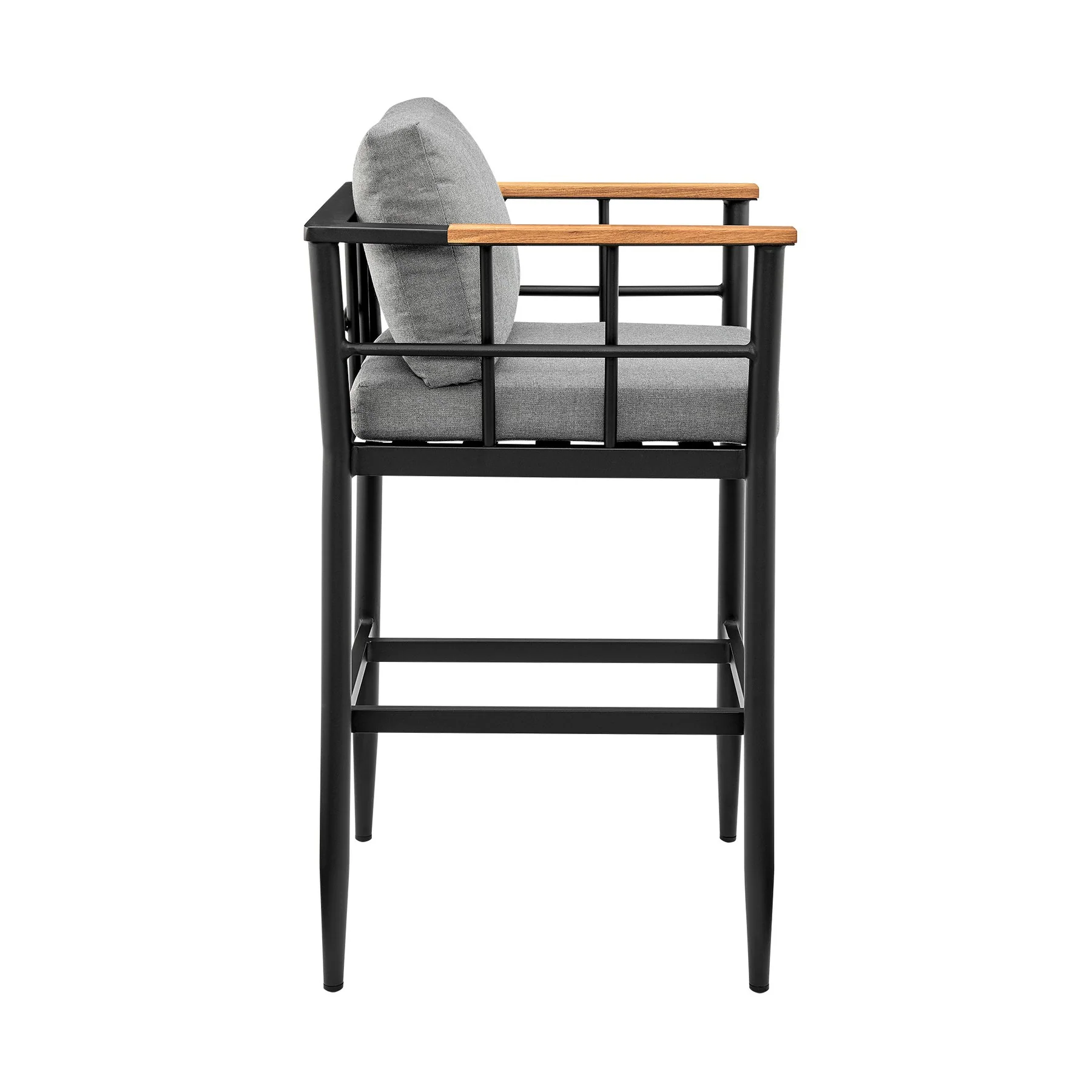 Orlando Outdoor Patio Bar Stool in Aluminum and Teak with Gray Cushions - Image 3