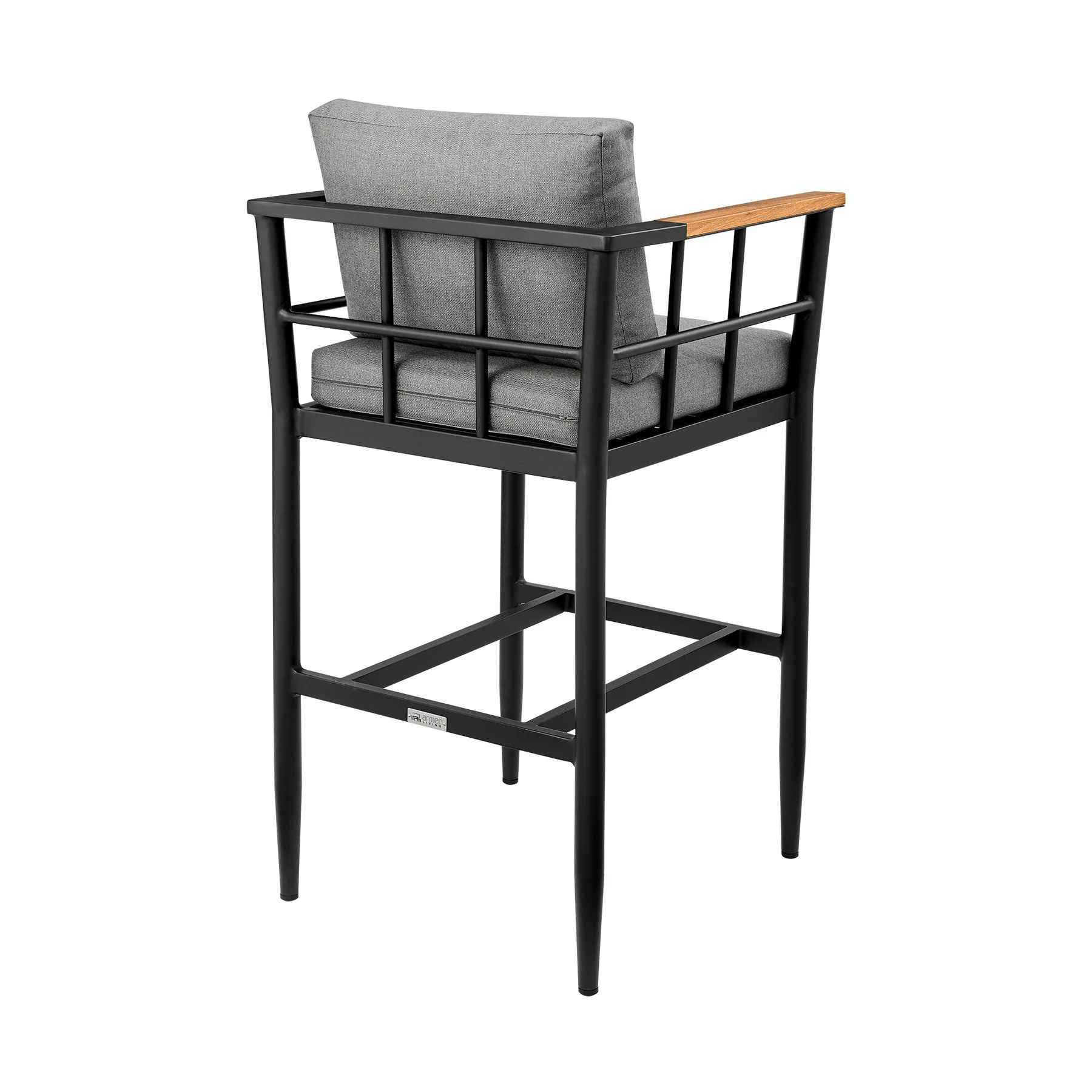 Orlando Outdoor Patio Bar Stool in Aluminum and Teak with Gray Cushions - Image 4