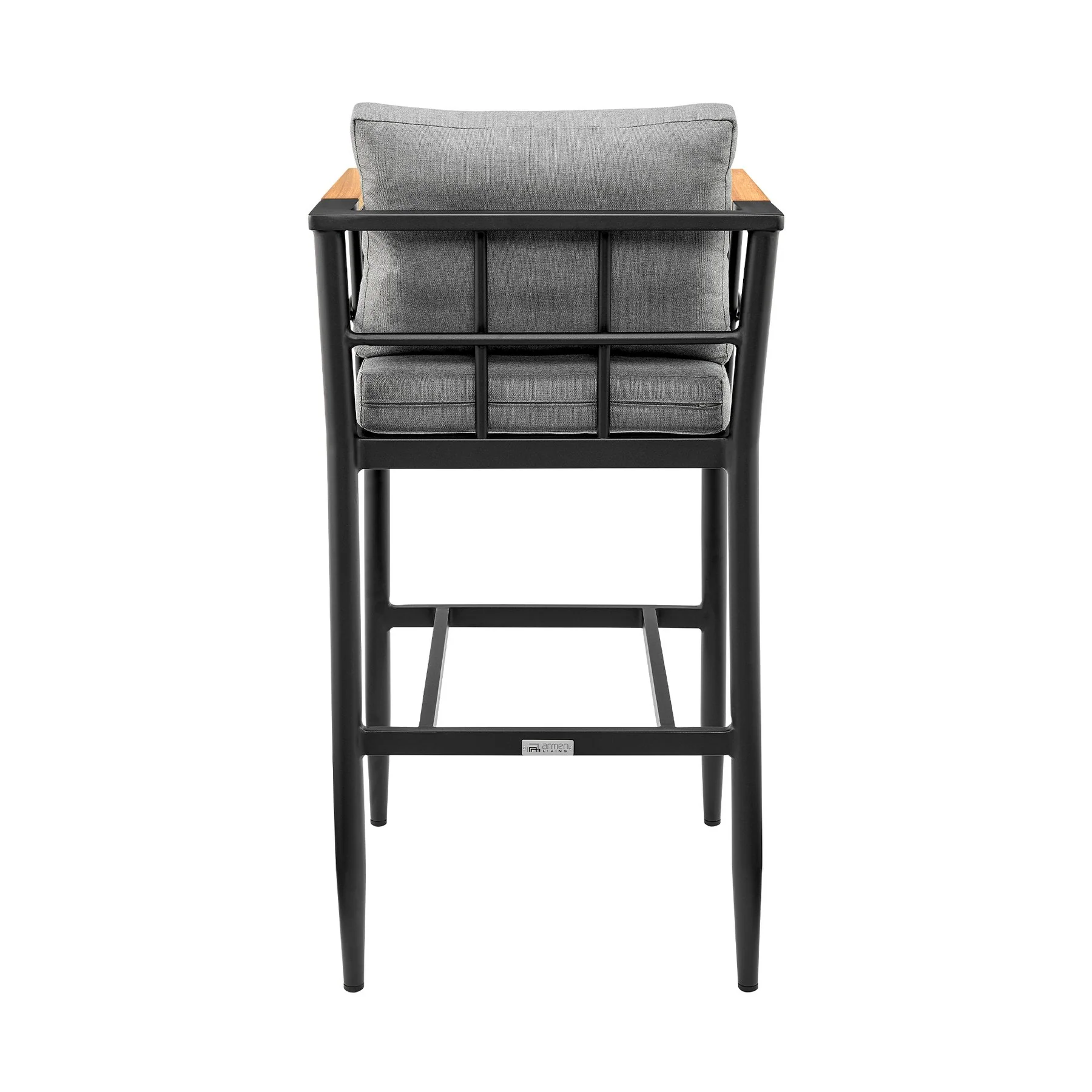 Orlando Outdoor Patio Bar Stool in Aluminum and Teak with Gray Cushions - Image 5