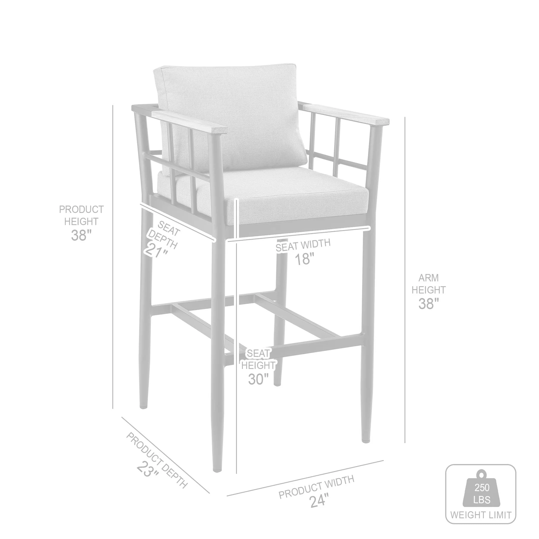 Orlando Outdoor Patio Bar Stool in Aluminum and Teak with Gray Cushions - Image 9