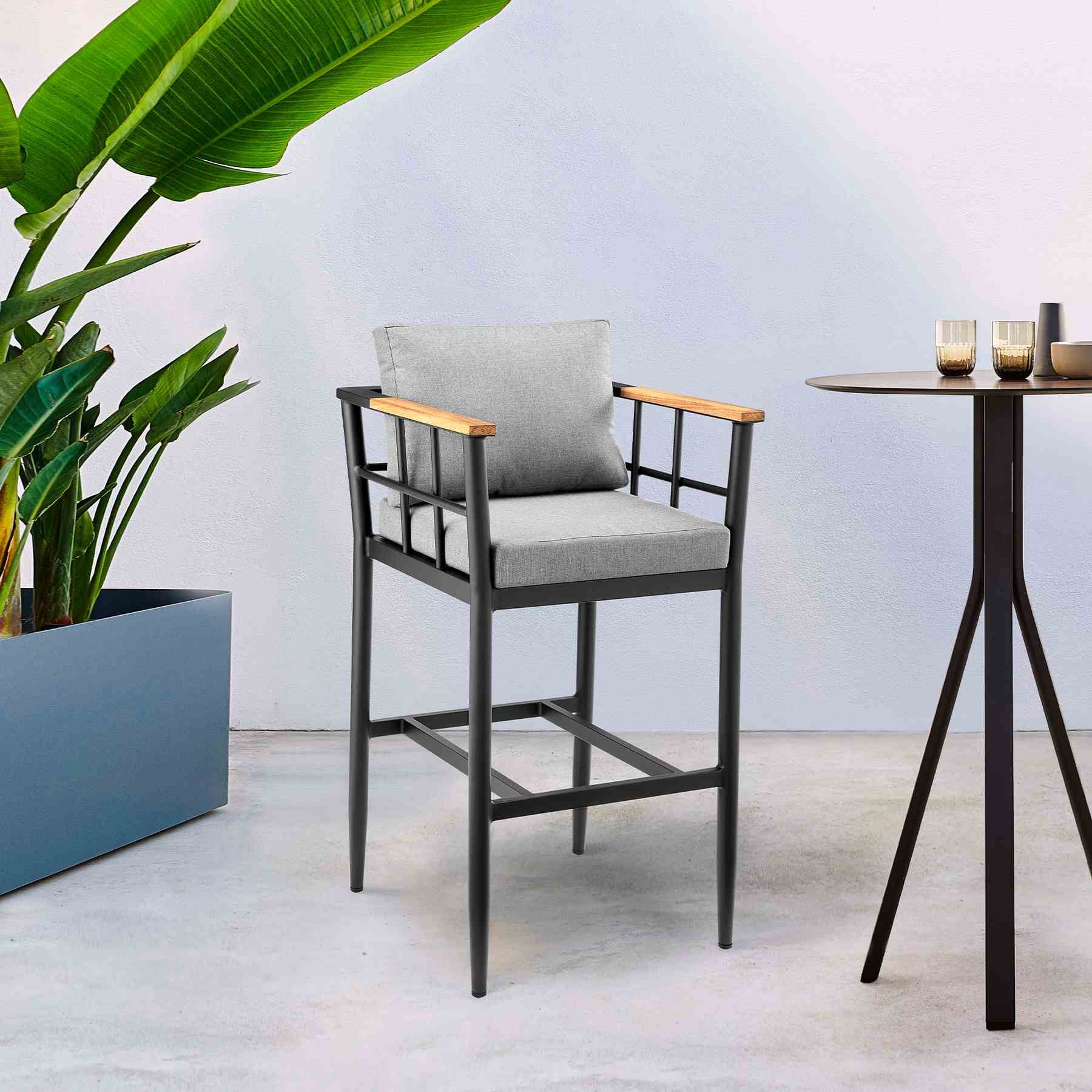 Orlando Outdoor Patio Counter Height Bar Stool in Aluminum and Teak with Gray Cushions - Image 10