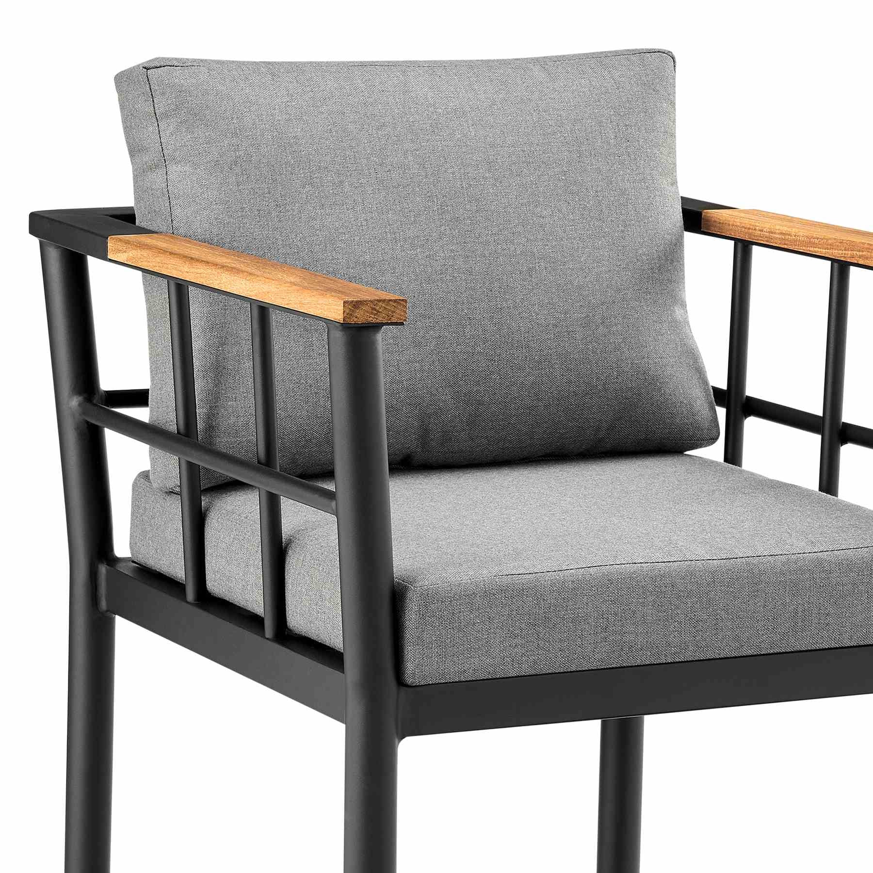Orlando Outdoor Patio Counter Height Bar Stool in Aluminum and Teak with Gray Cushions - Image 6