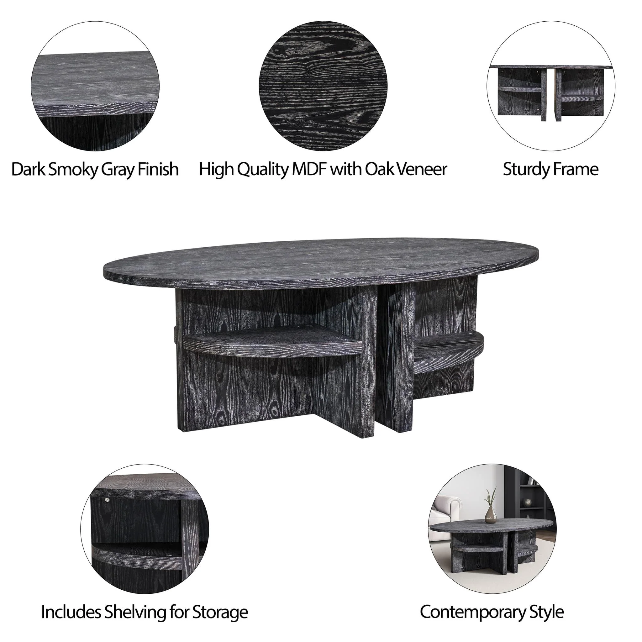 Oval Coffee Table With Bottom Shelves, Gray - Image 9
