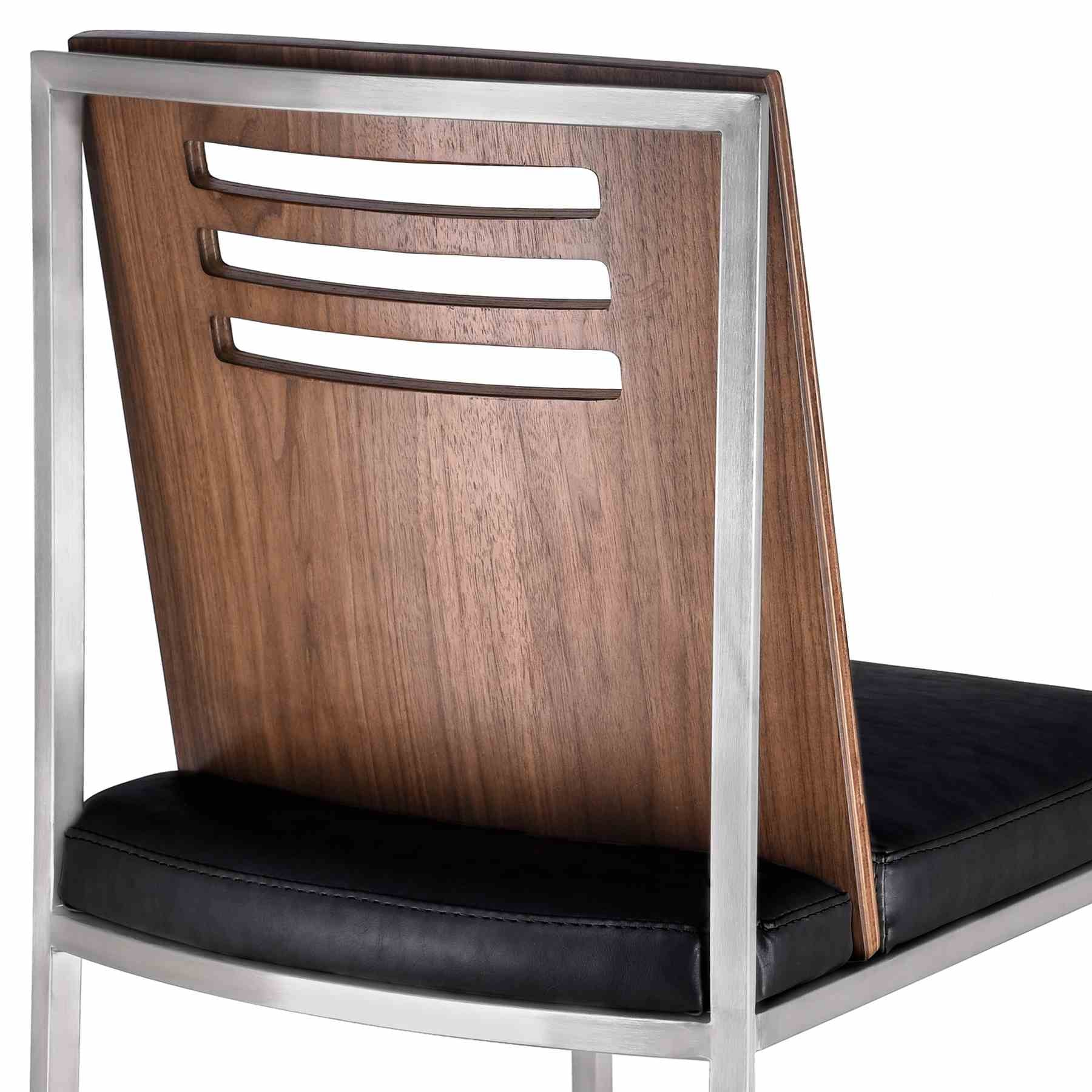 Oxford Dining Chair in Brushed Stainless Steel with Vintage Black Faux Leather and Walnut Wood Back (Set of 2) - Image 5
