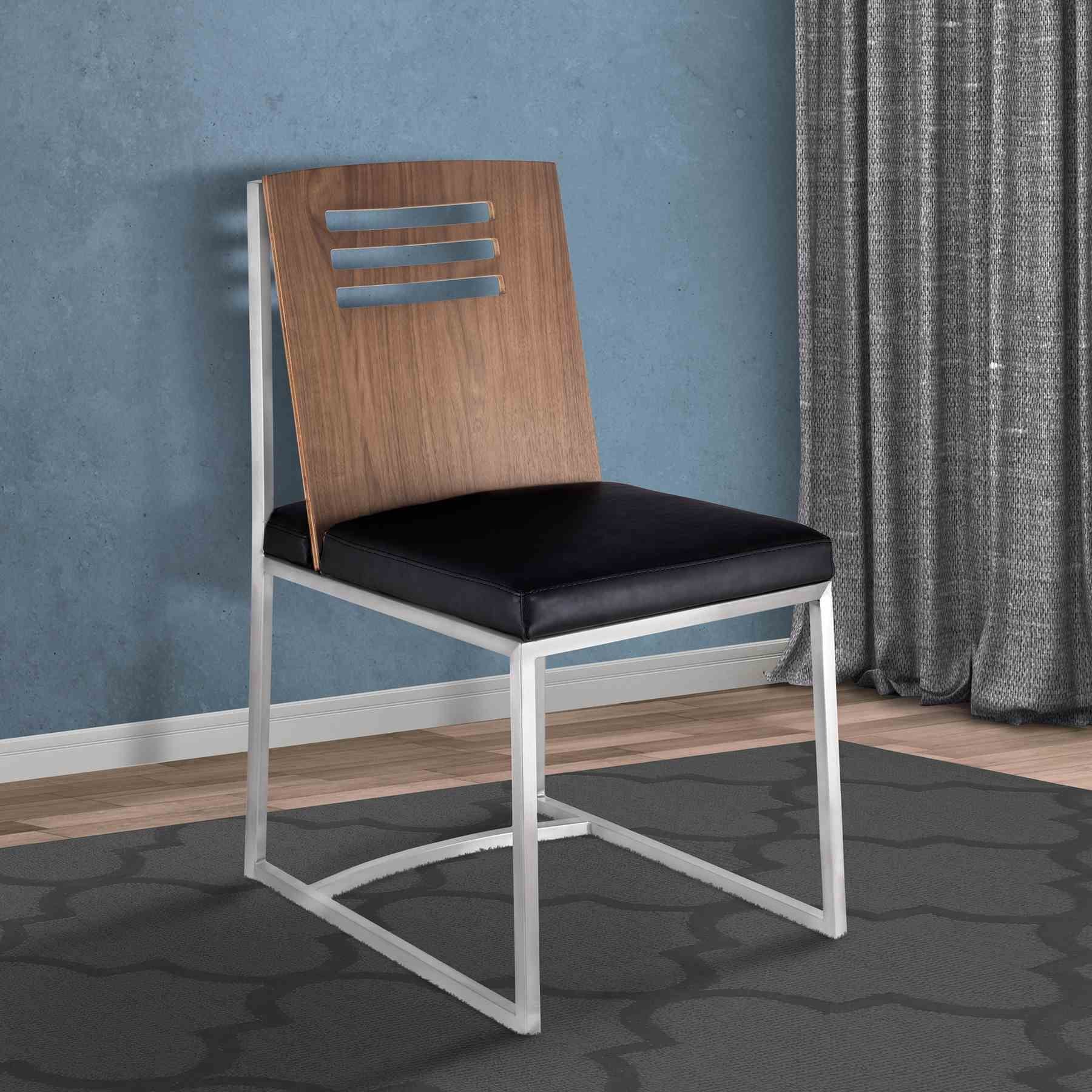 Oxford Dining Chair in Brushed Stainless Steel with Vintage Black Faux Leather and Walnut Wood Back (Set of 2) - Image 7