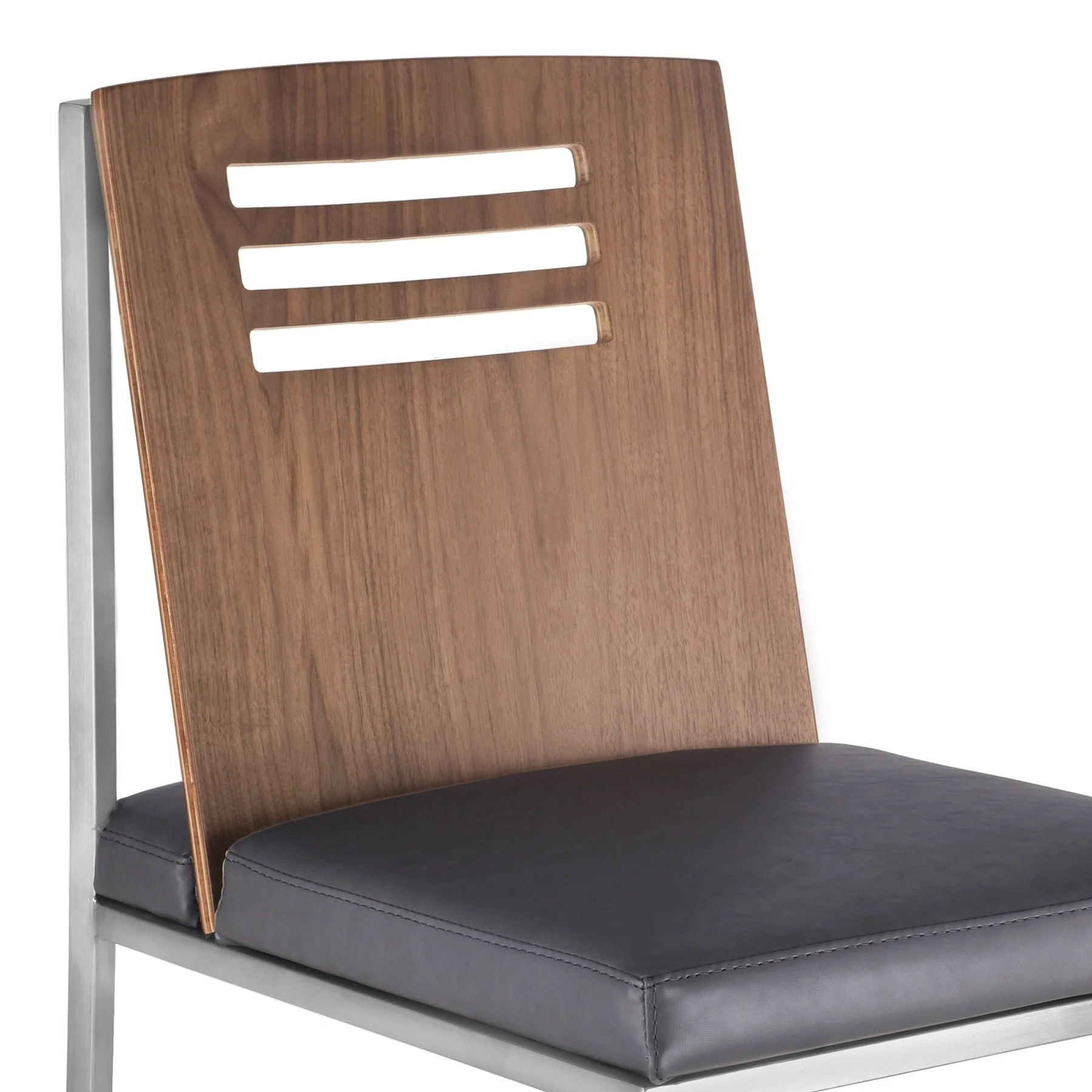Oxford Dining Chair in Brushed Stainless Steel with Vintage Gray Faux Leather and Walnut Wood Back (Set of 2) - Image 4