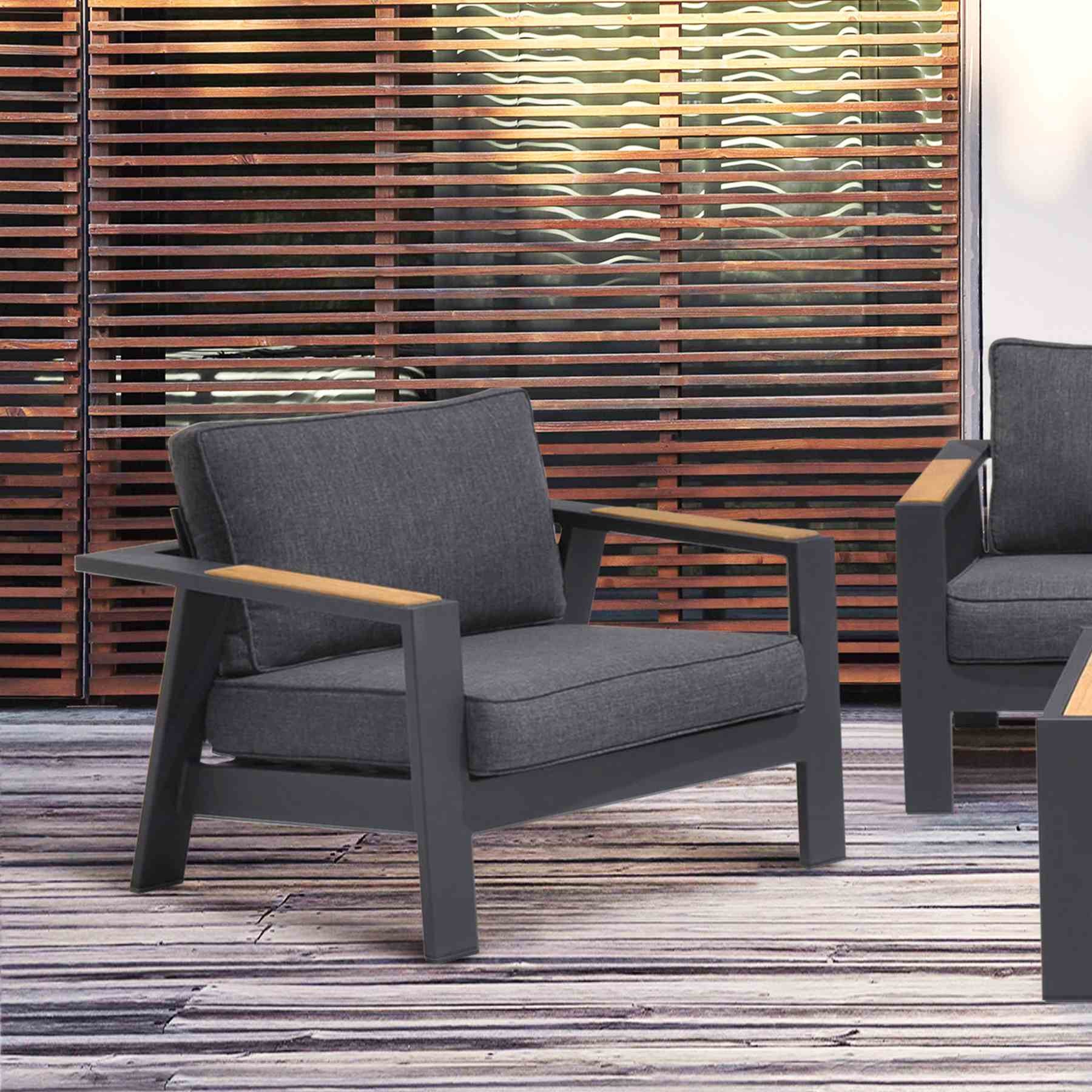 Palau Outdoor Chair in Dark Gray with Natural Teak Wood Accent and Cushions - Image 6