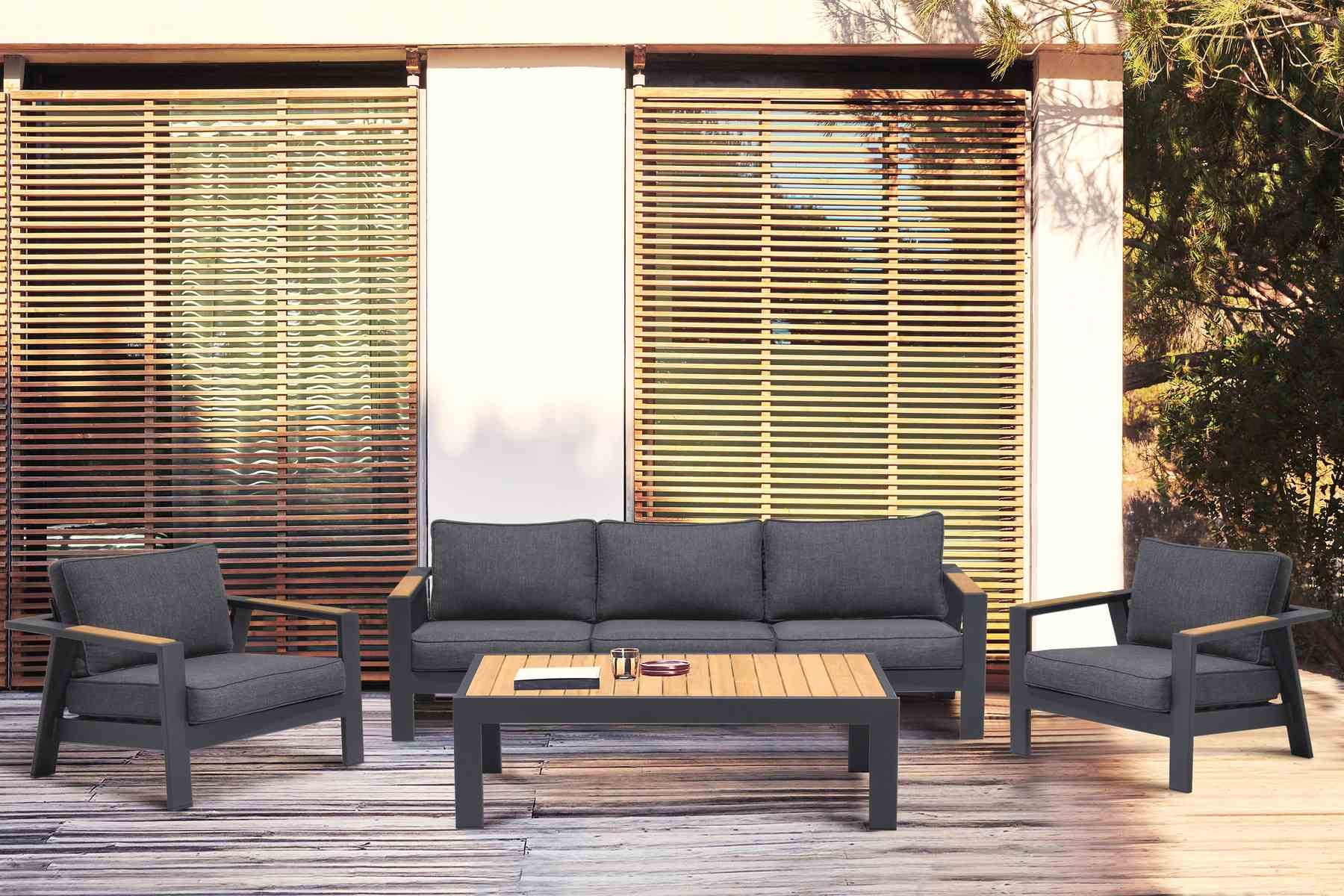 Palau Outdoor Chair in Dark Gray with Natural Teak Wood Accent and Cushions - Image 7