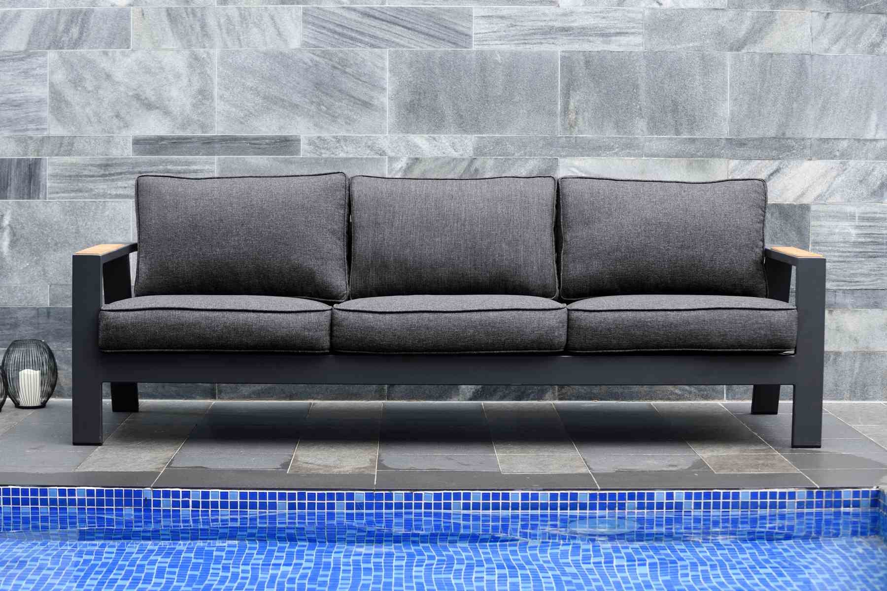 Palau Outdoor Sofa in Dark Gray with Natural Teak Wood Accent and Cushions - Image 7
