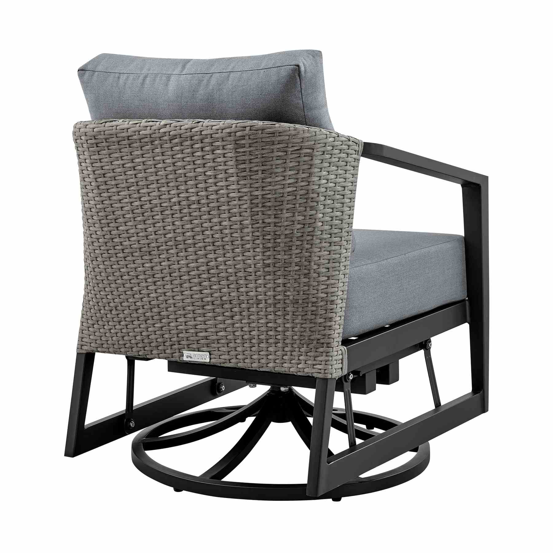 Palma 3 Piece Patio Outdoor Swivel Seating Set in Black Aluminum with Gray Wicker and Cushions - Image 4