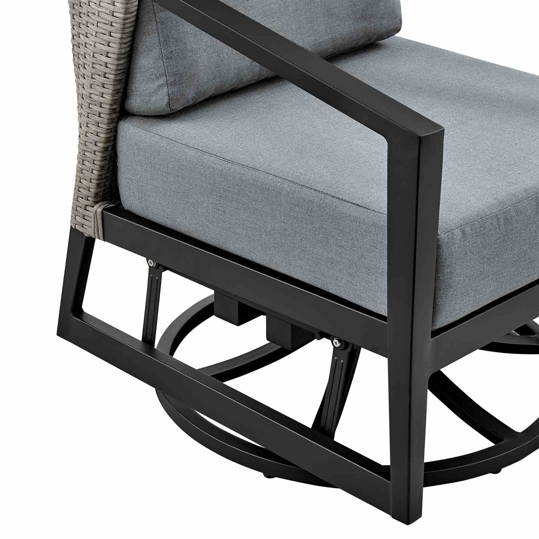 Palma 3 Piece Patio Outdoor Swivel Seating Set in Black Aluminum with Gray Wicker and Cushions - Image 6
