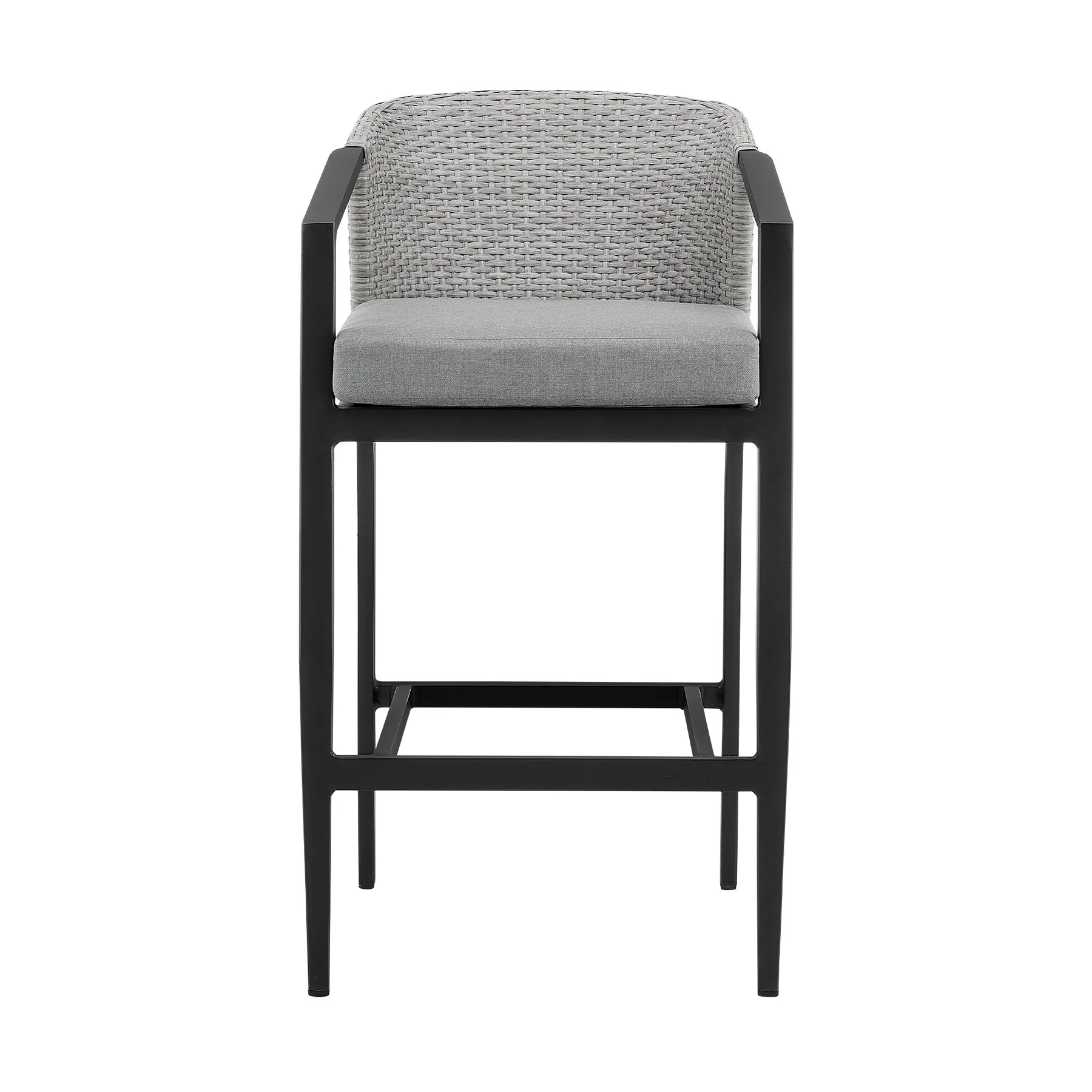 Palma Outdoor Patio Bar Stool in Aluminum and Wicker with Gray Cushions - Image 2