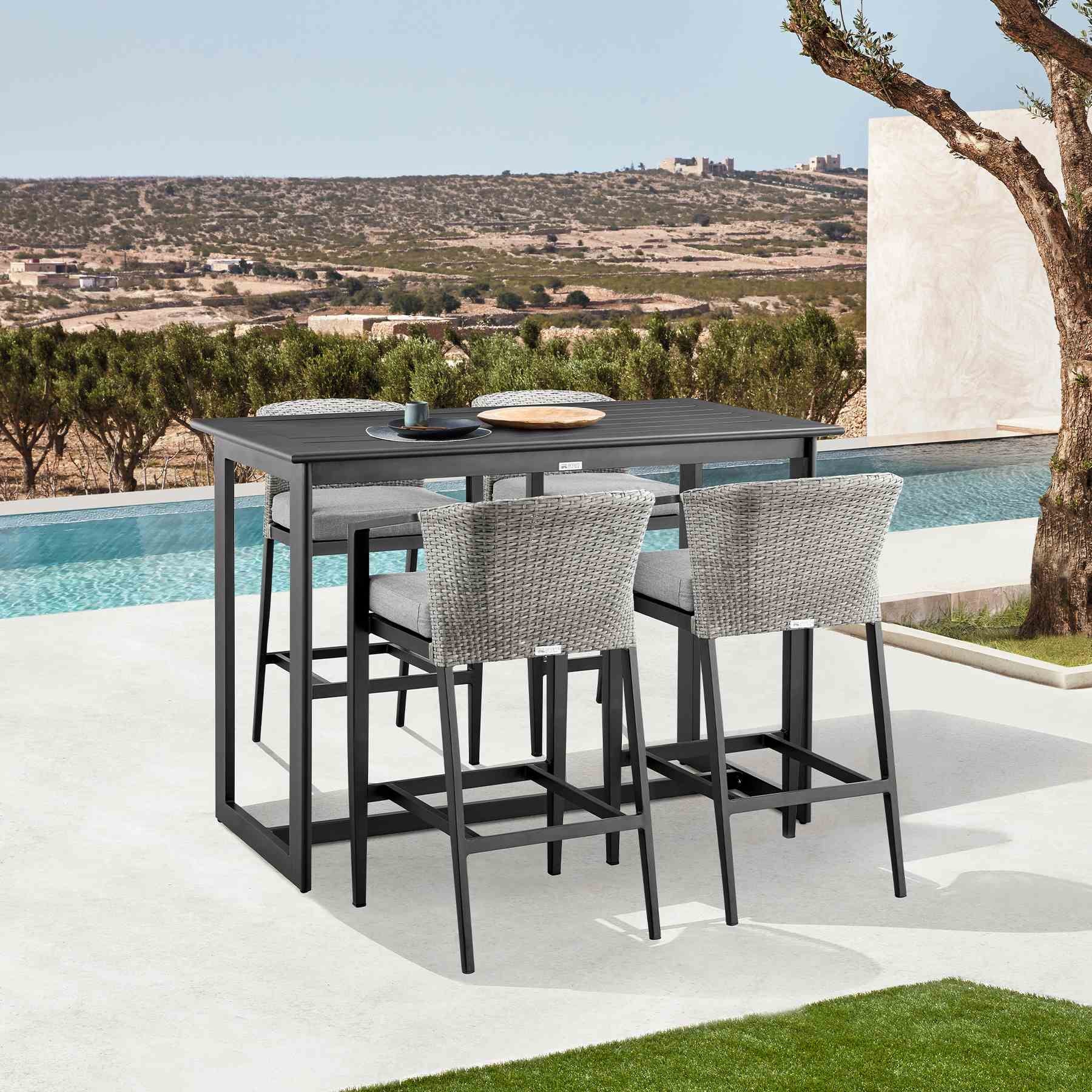 Palma Outdoor Patio Counter Height Bar Stool in Aluminum and Wicker with Gray Cushions - Image 10