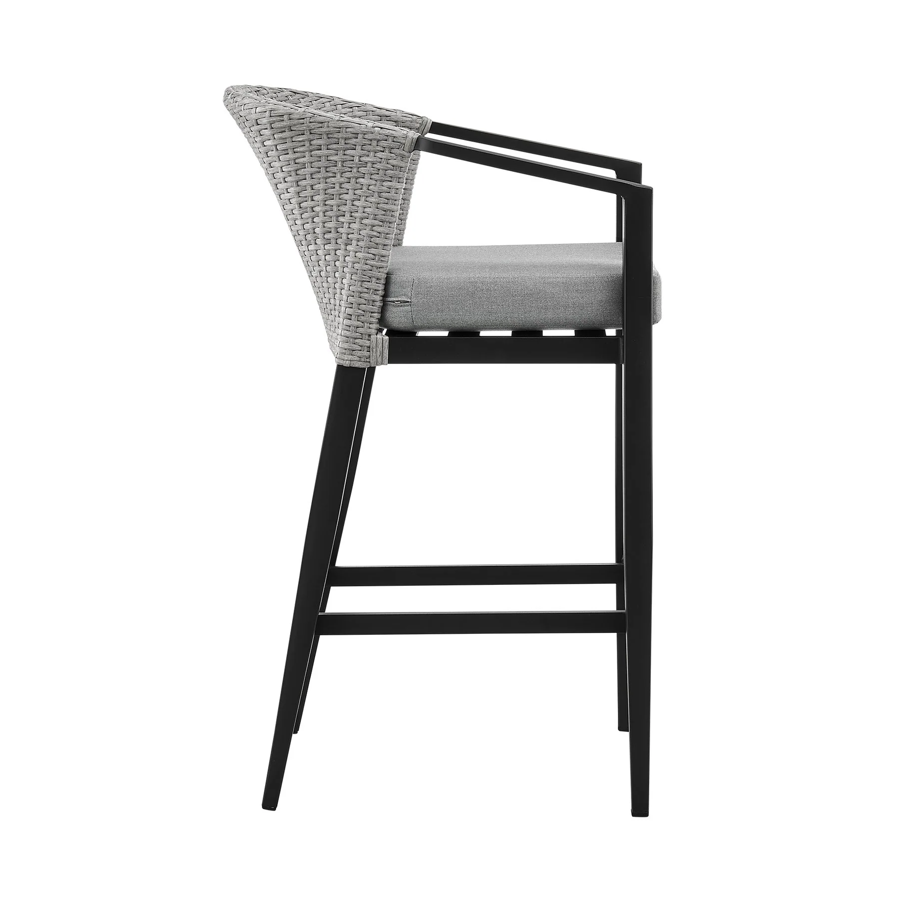 Palma Outdoor Patio Counter Height Bar Stool in Aluminum and Wicker with Gray Cushions - Image 3
