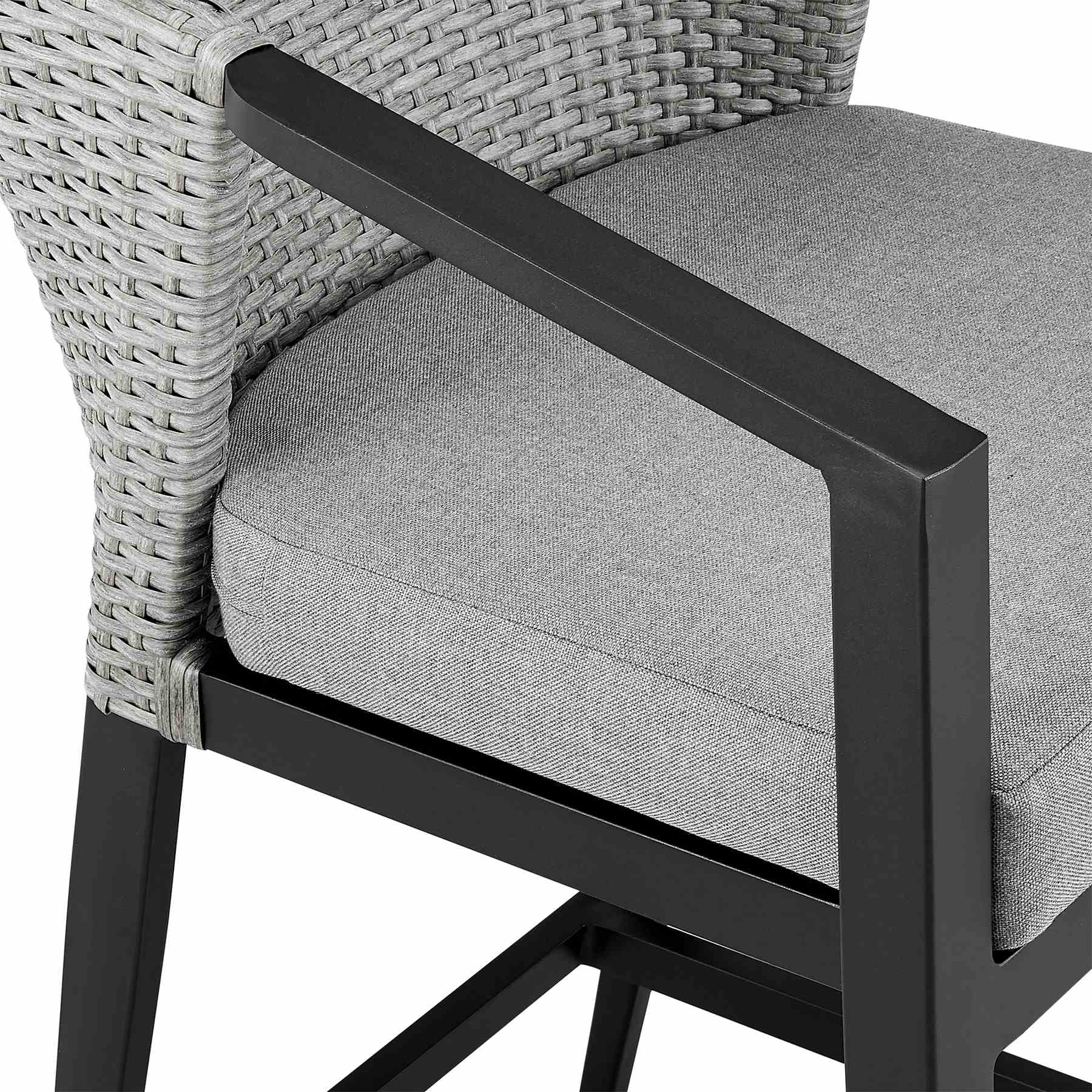 Palma Outdoor Patio Counter Height Bar Stool in Aluminum and Wicker with Gray Cushions - Image 6