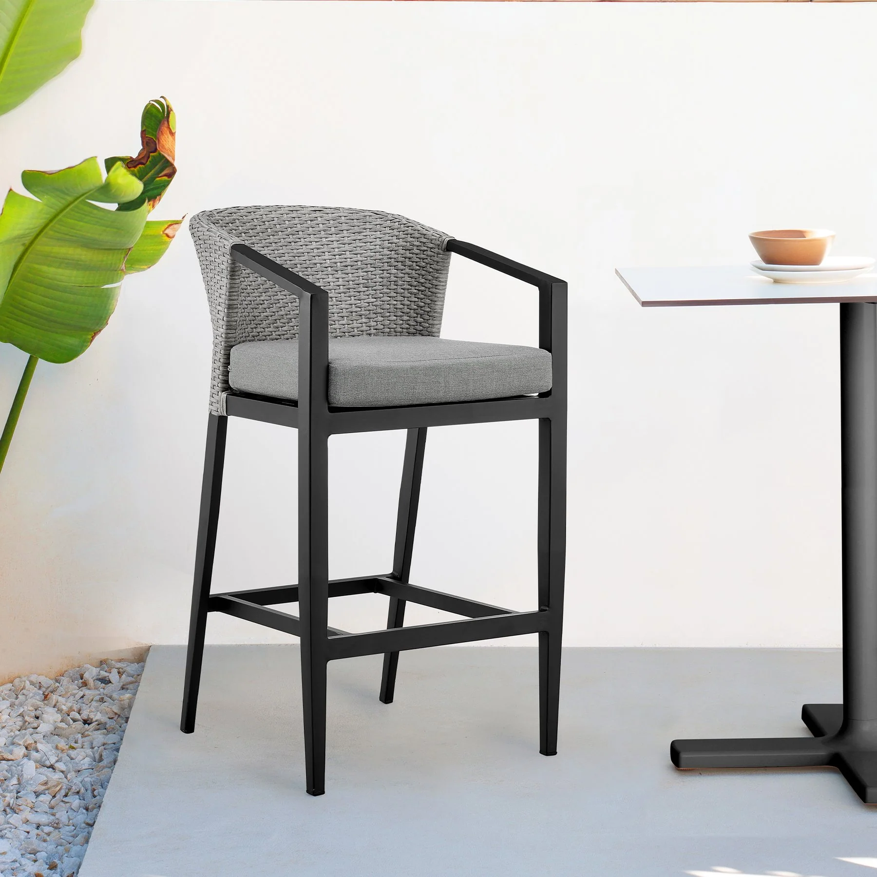 Palma Outdoor Patio Counter Height Bar Stool in Aluminum and Wicker with Gray Cushions - Image 9
