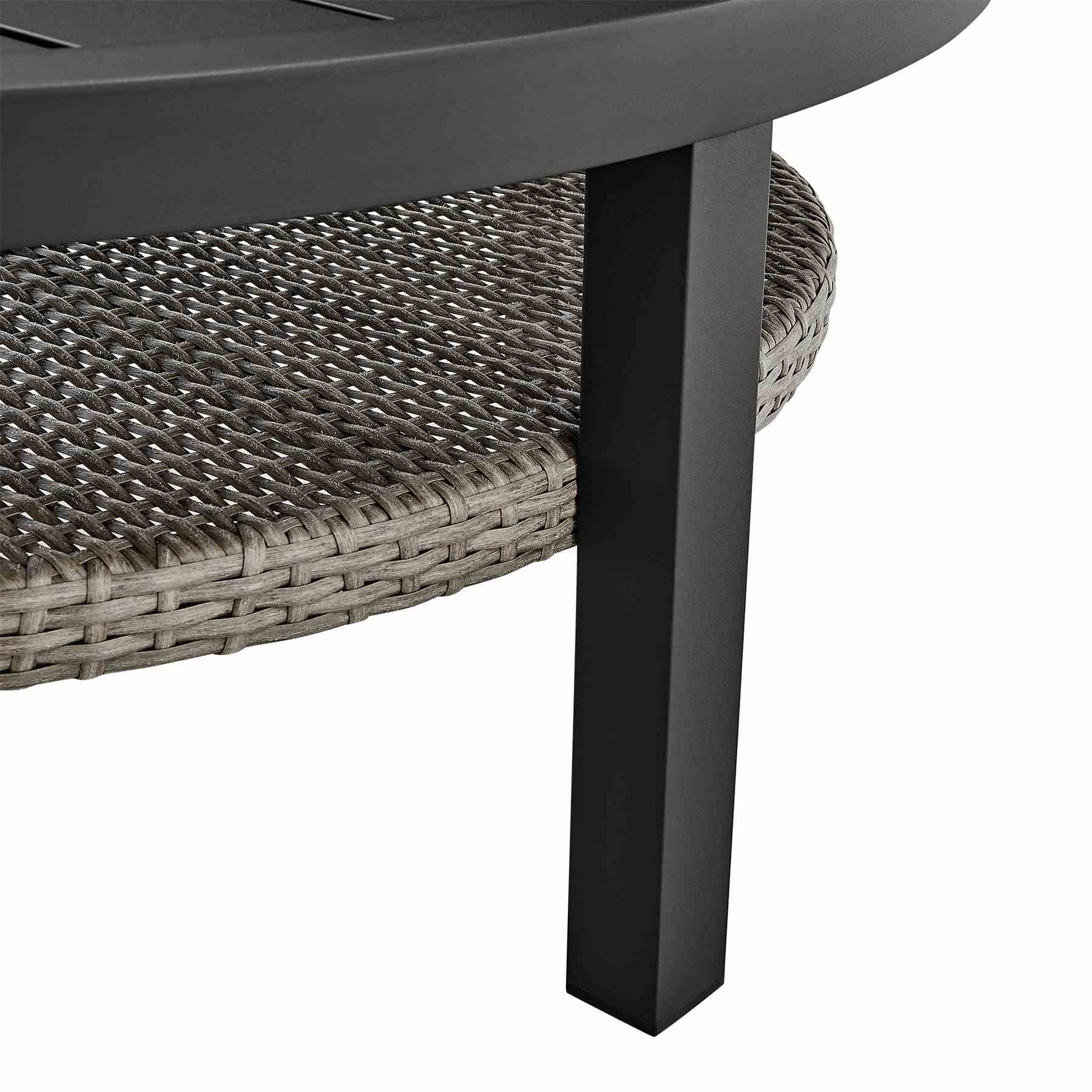 Palma Outdoor Patio Round Coffee Table in Black Aluminum with Gray Wicker Shelf - Image 4