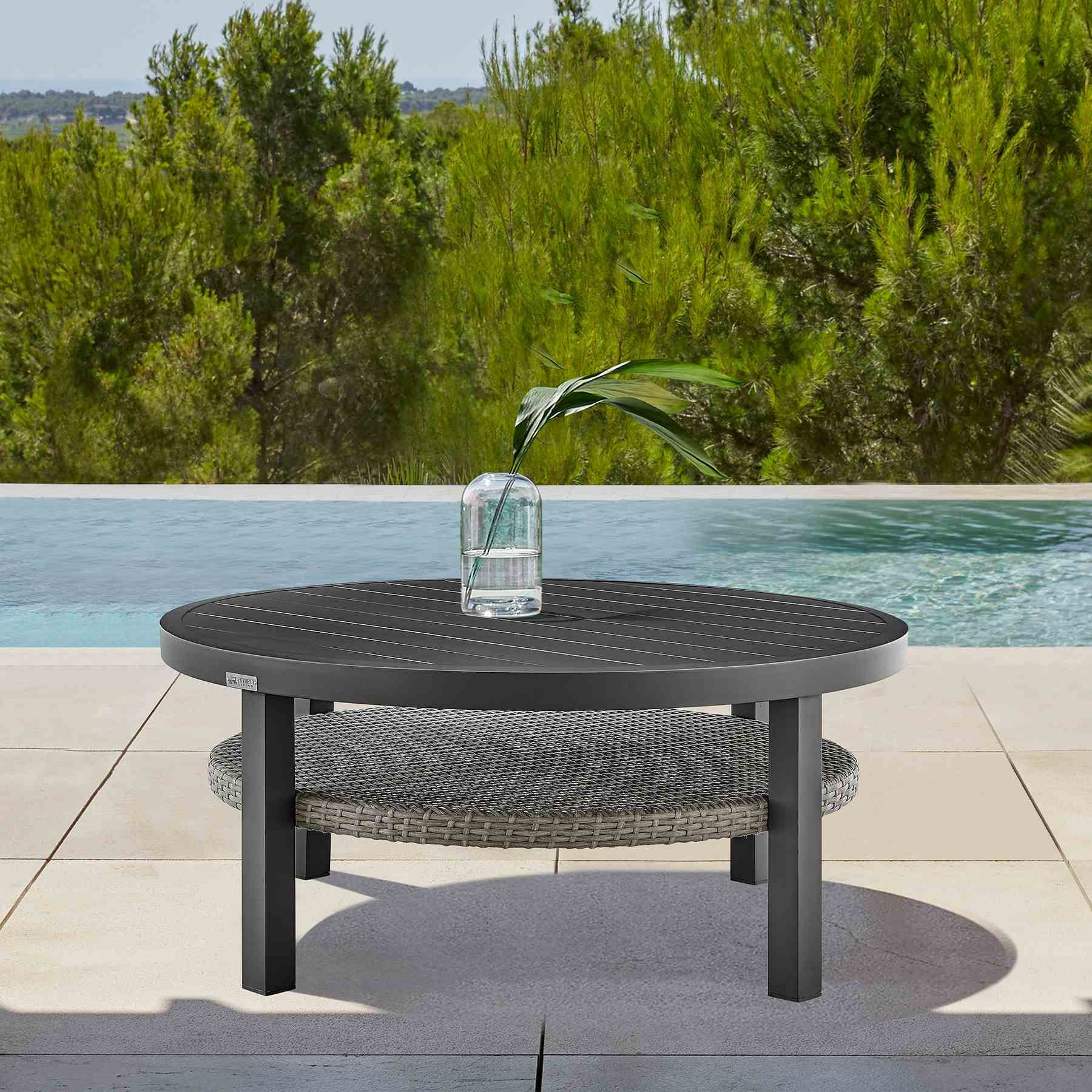 Palma Outdoor Patio Round Coffee Table in Black Aluminum with Gray Wicker Shelf - Image 6