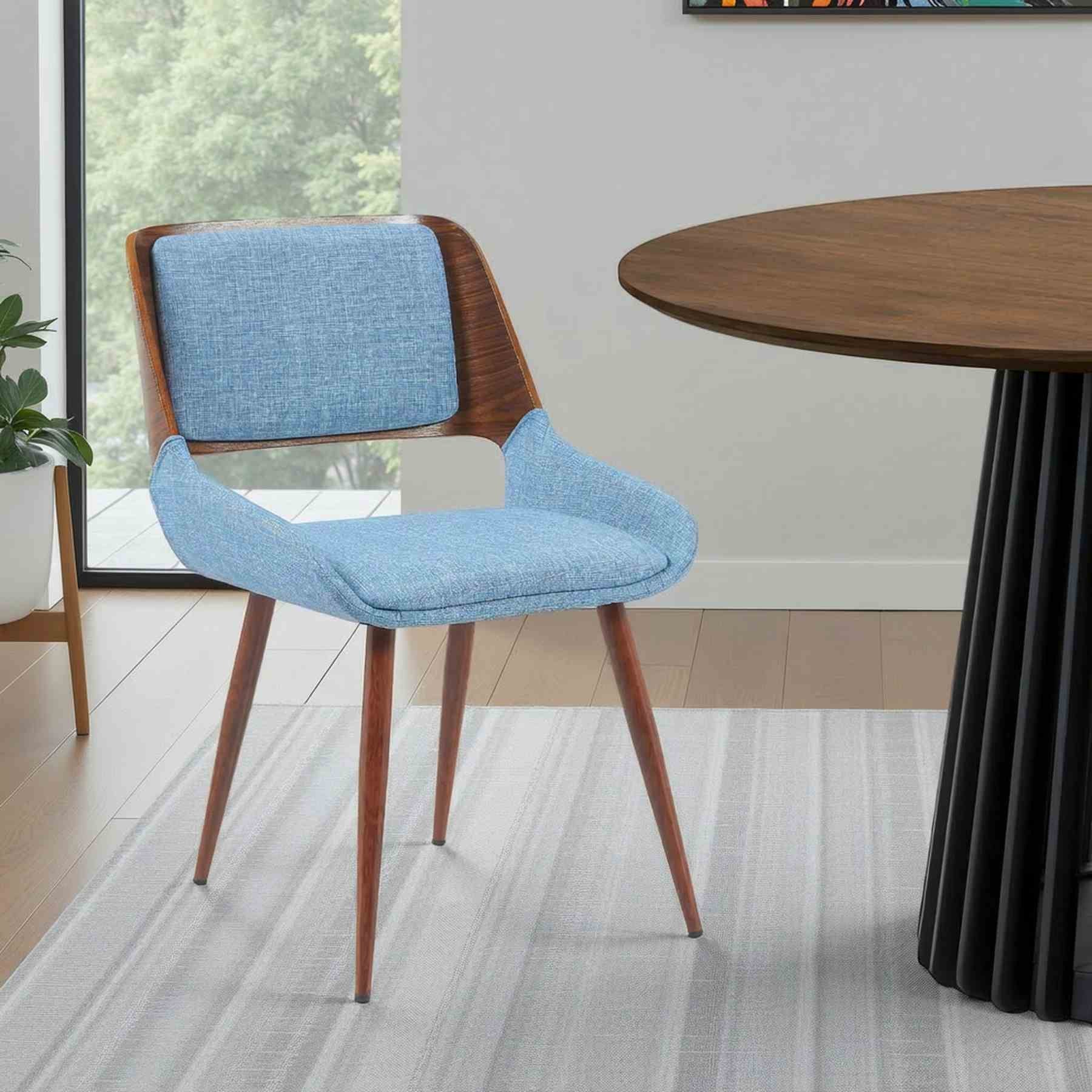 Panda Mid-Century Upholstered Dining Chair in Walnut Finish with Light Blue Fabric Seat - Image 7