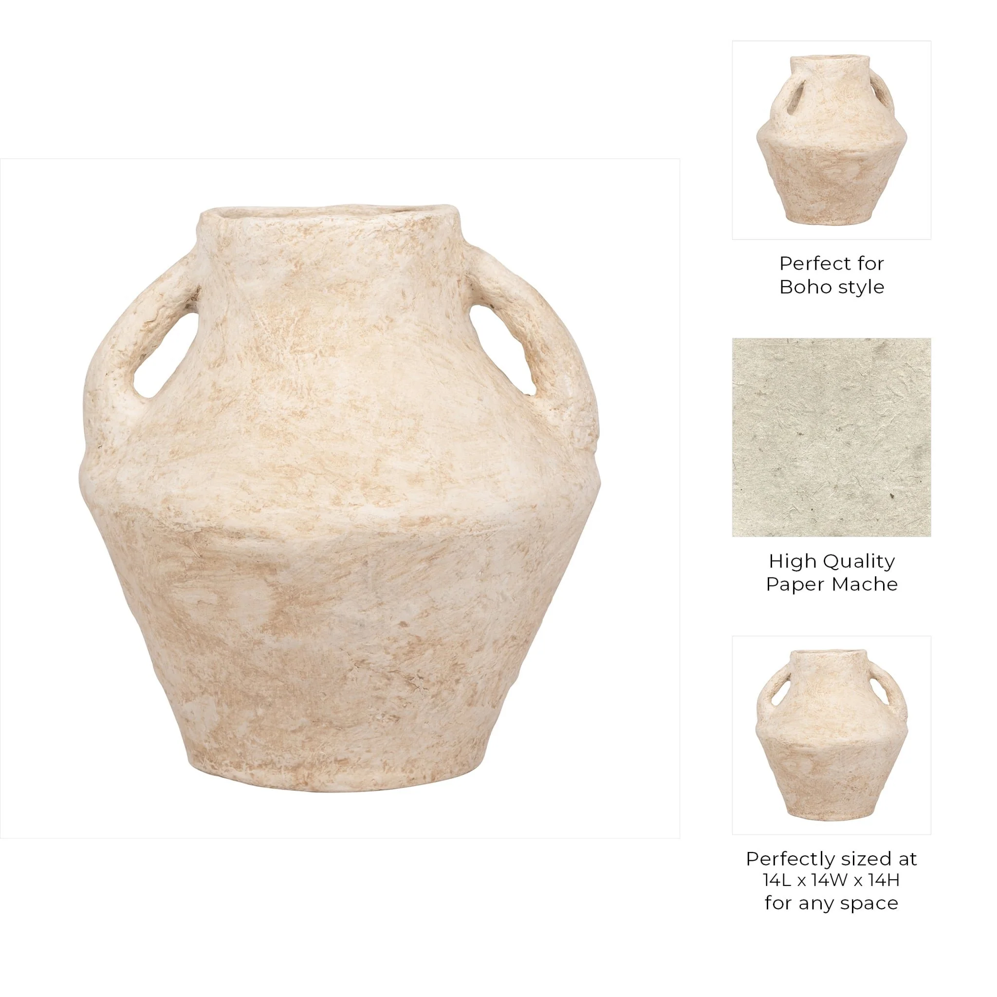Paper Mache, 14" Vase With Handles, White - Image 9