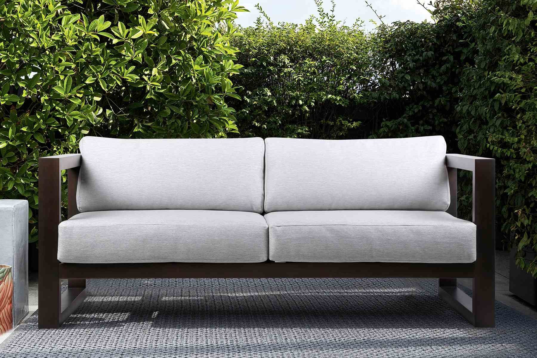 Paradise Outdoor Dark Eucalyptus Wood Sofa with Gray Cushions - Image 9
