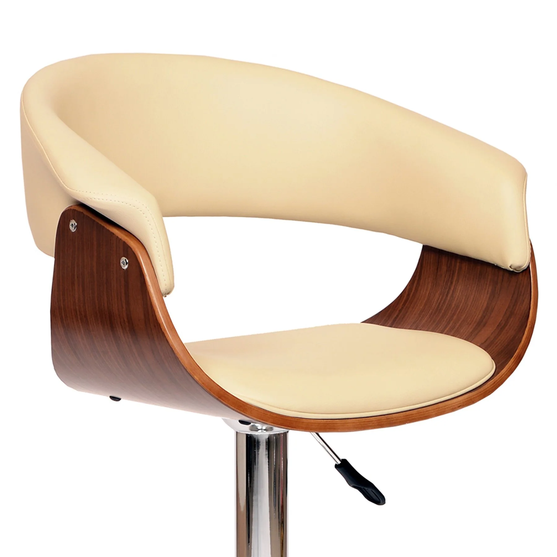 Paris Cream Faux Leather Adjustable Height Swivel Walnut Wood and Chrome Bar Stool - Image 2
