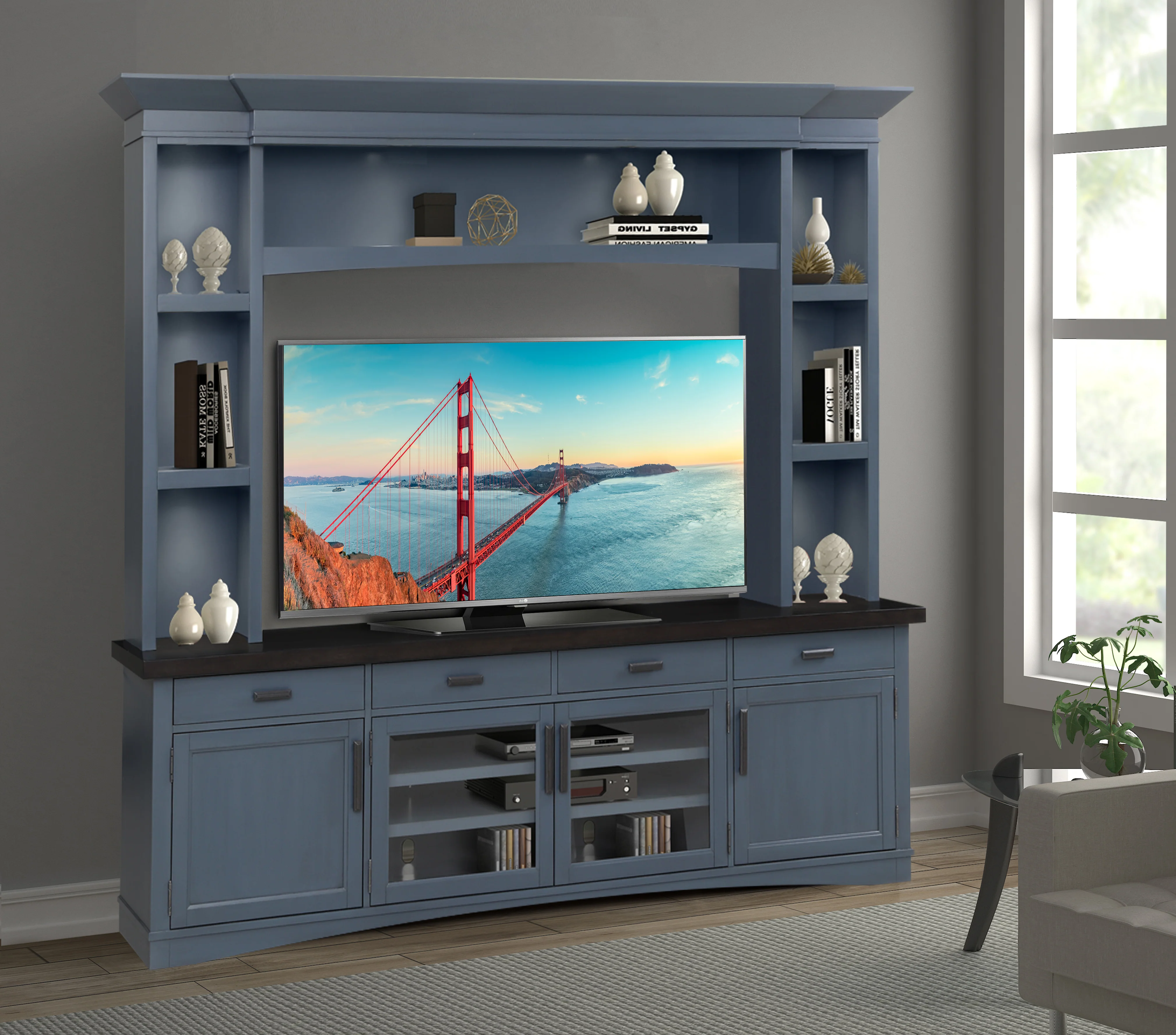 Parker House Americana Modern - Denim 92 In. TV Console with Hutch and LED Lights - Image 4