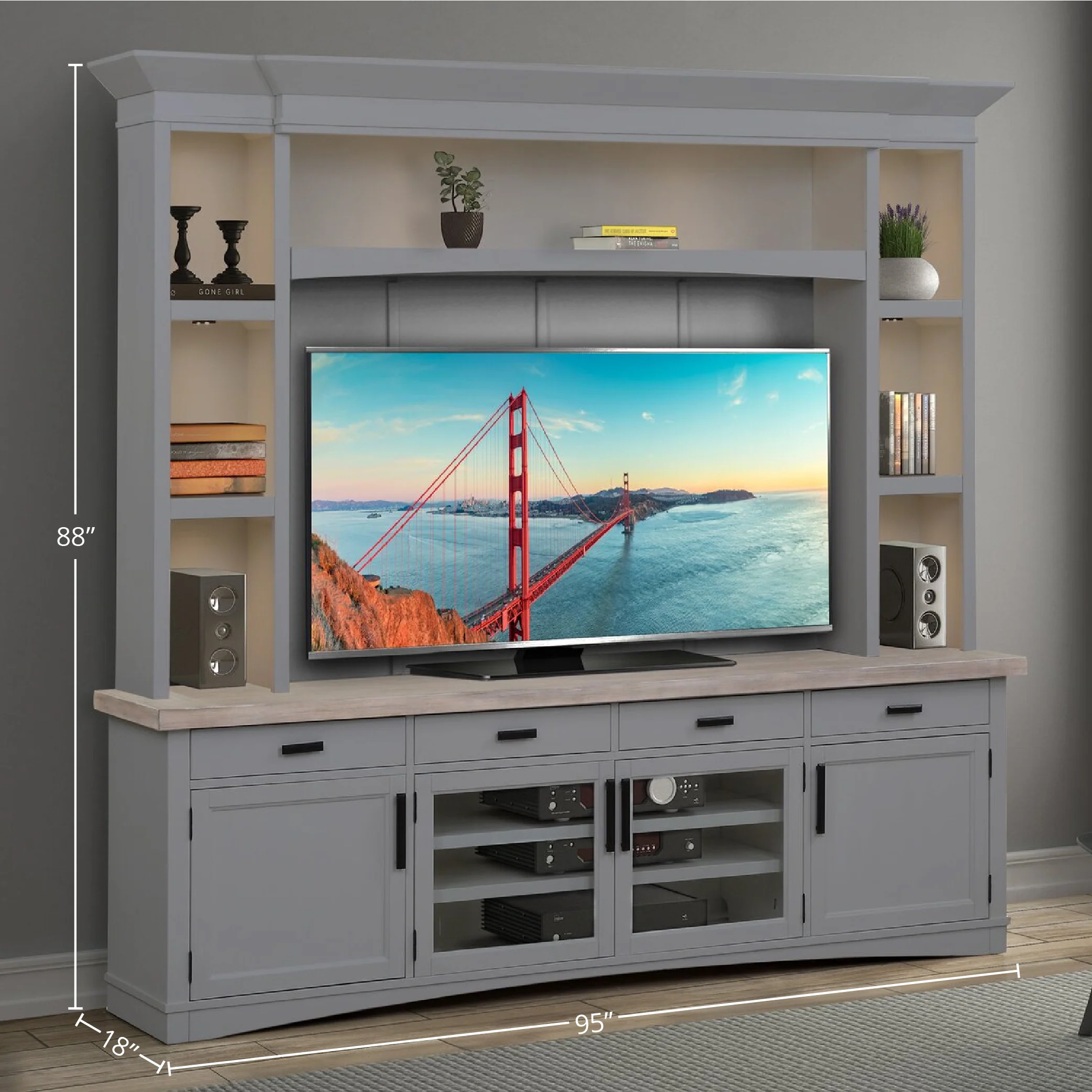 Parker House Americana Modern - Dove 92 In. TV Console with Hutch and LED Lights - Image 4