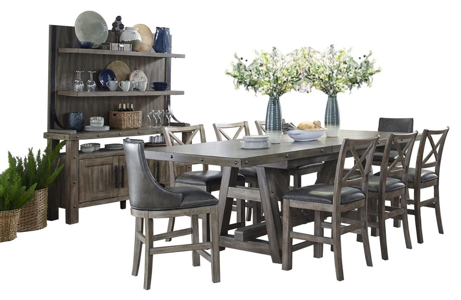 Parker House Lodge Dining Counter Table with 2 Sling Stools 6 X-Back Stools Buffet with Hutch - Image 2
