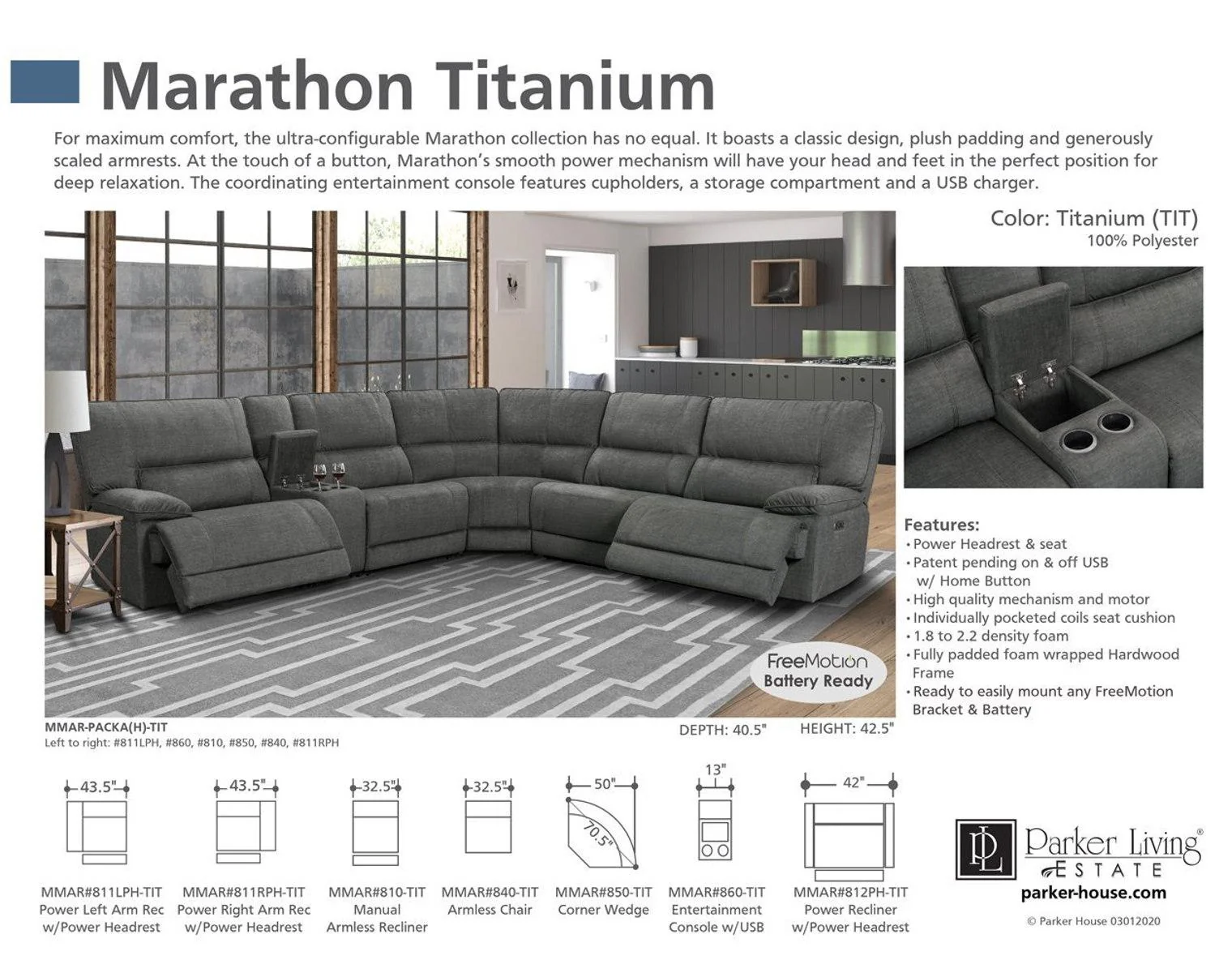 Parker House Marathon Armless Chair in Titanium - Image 2