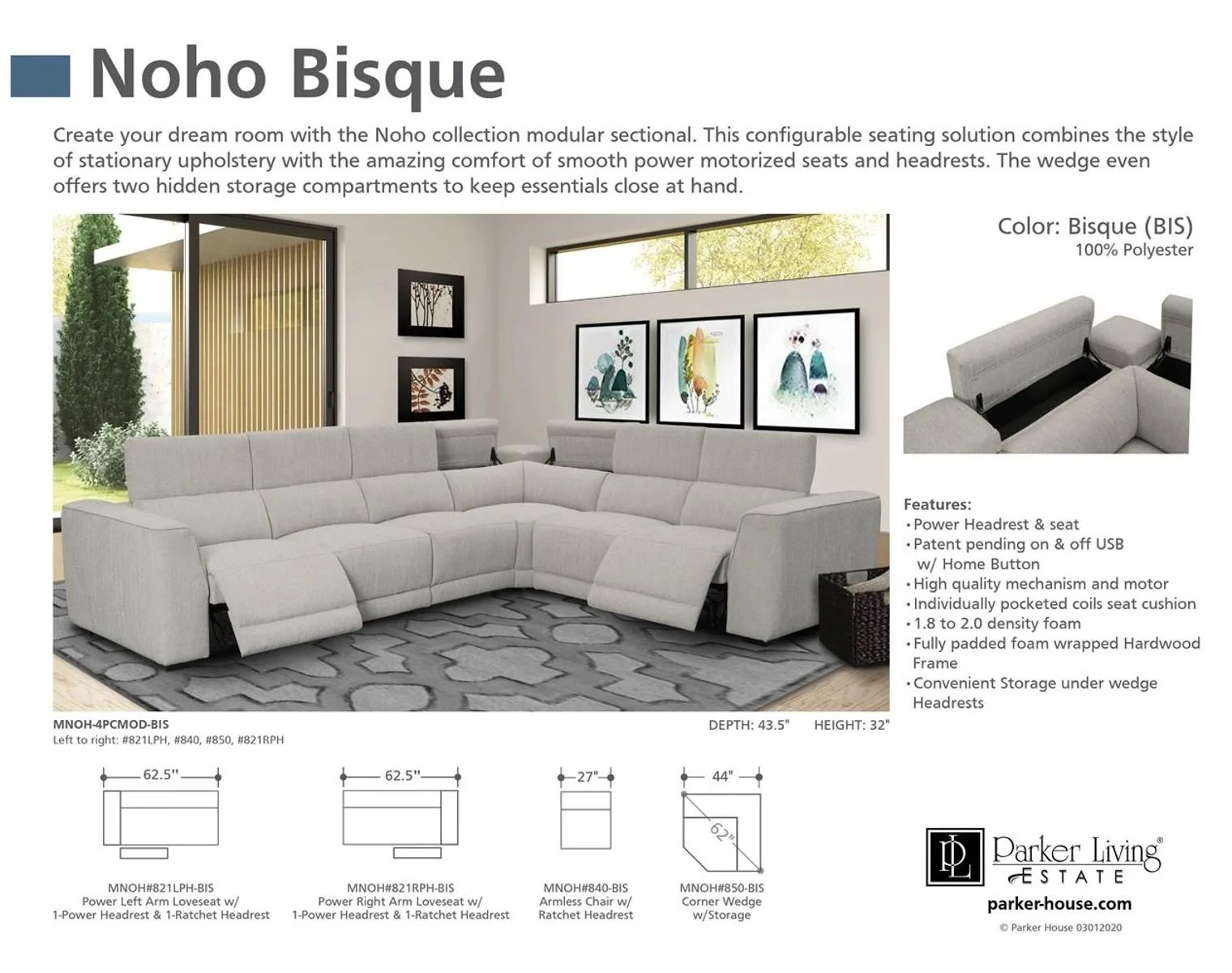 Parker House Noho Power Right Arm Facing Loveseat in Bisque - Image 3