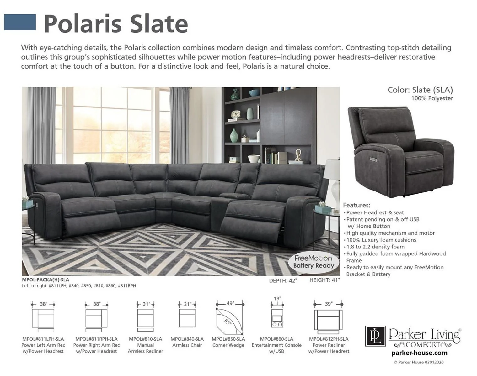 Parker House Polaris Power Right Arm Facing Recliner in Slate - Image 3