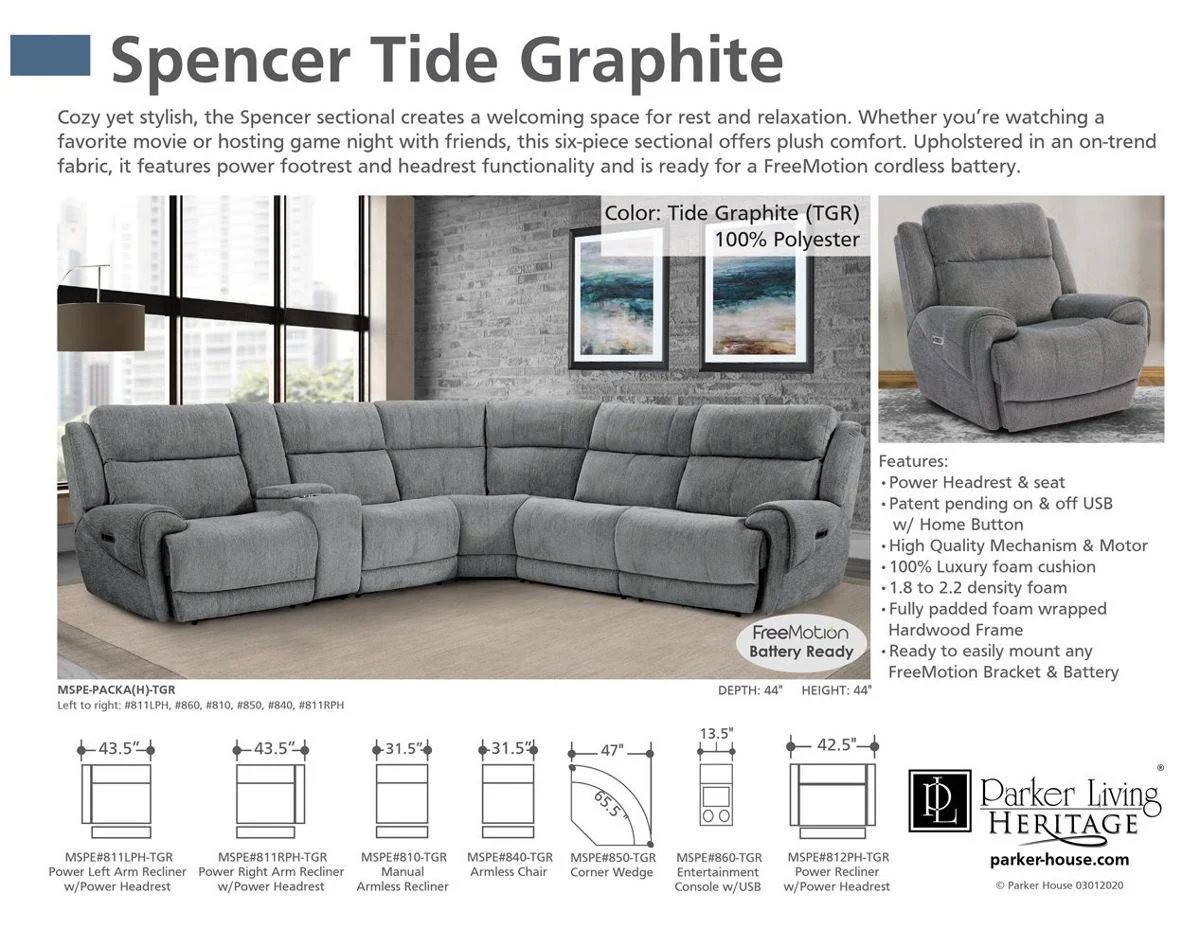 Parker House Spencer Power Left Arm Facing Recliner in Tide Graphite - Image 3