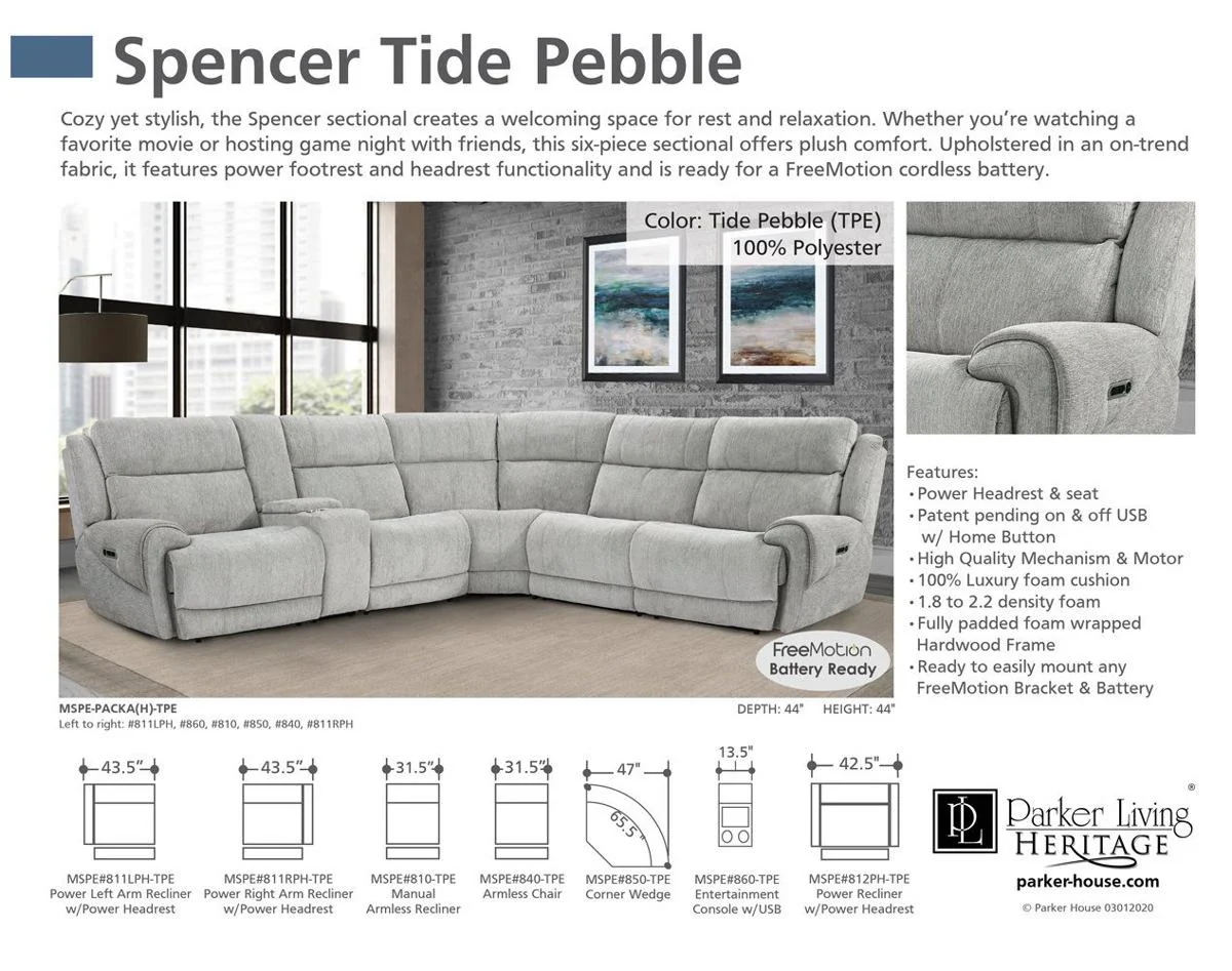 Parker House Spencer Power Right Arm Facing Recliner in Tide Pebble - Image 3