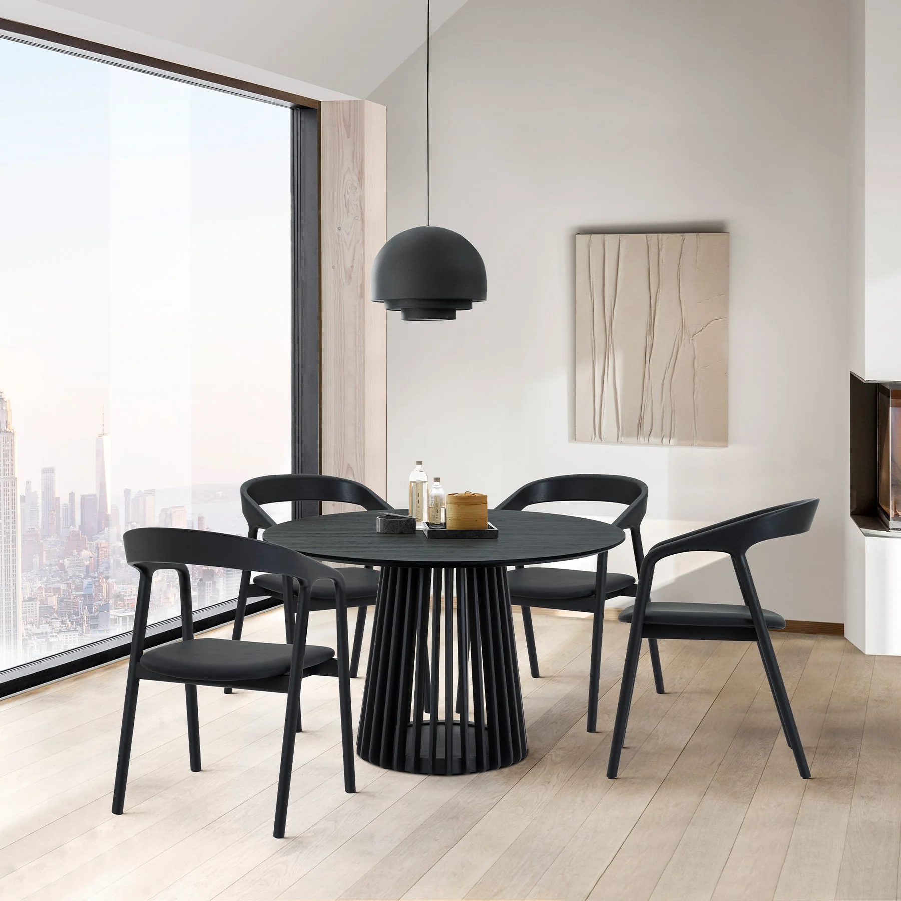 Pasadena Apache 5 Piece Round Dining Set in Black Oak Finish with Black Faux Leather - Image 11