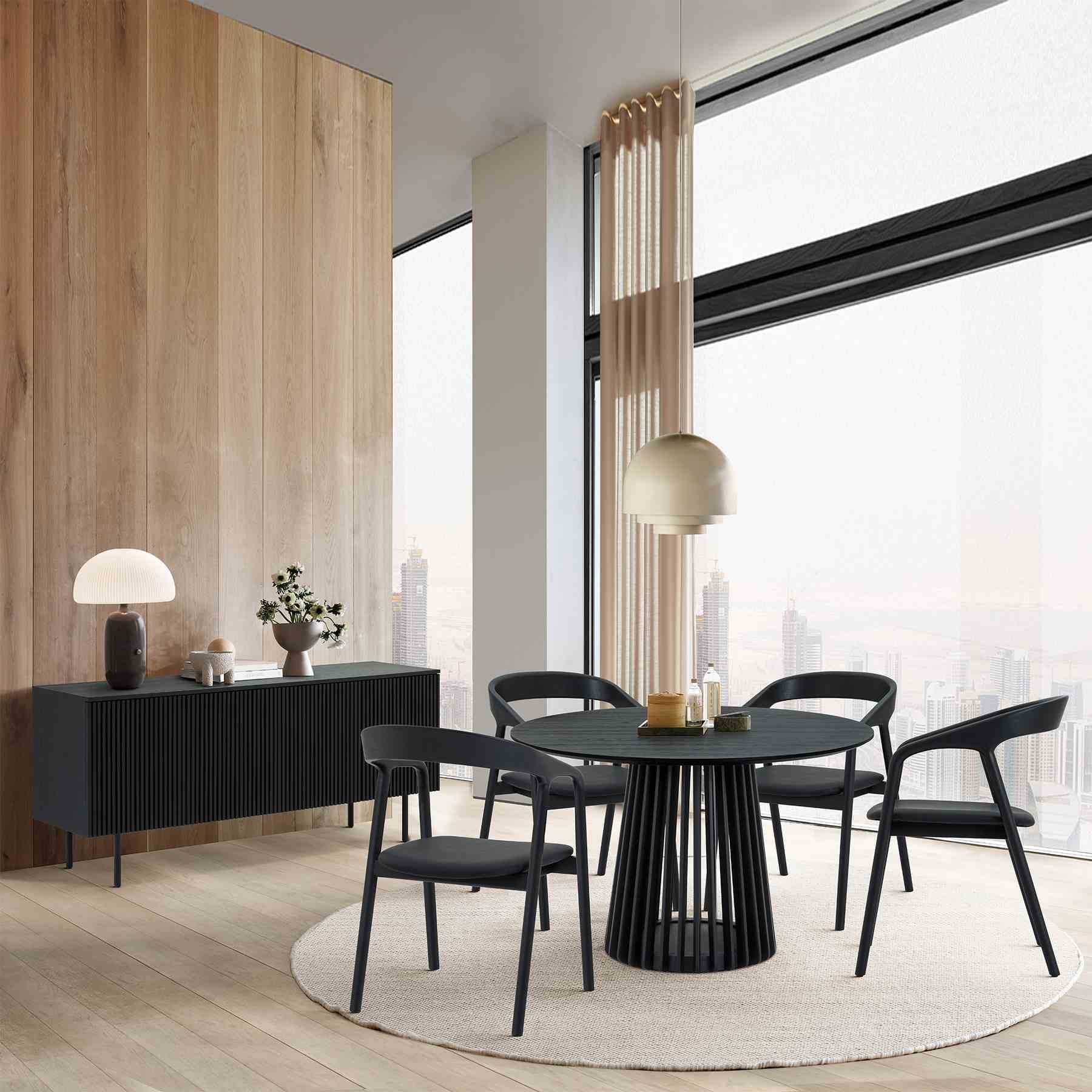 Pasadena Apache 6 Piece Round Dining Set with Buffet in Black Oak Finish with Faux Leather - Image 11