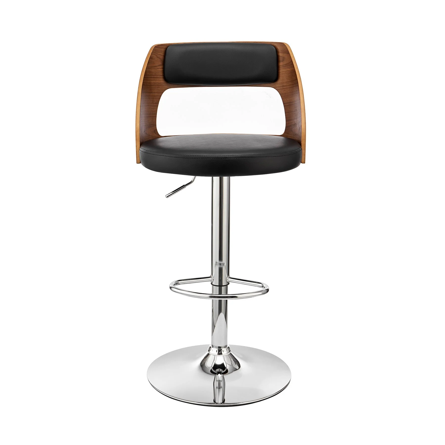 Paulo Adjustable Swivel Black Faux Leather and Walnut Wood Bar Stool with Chrome Base - Image 2