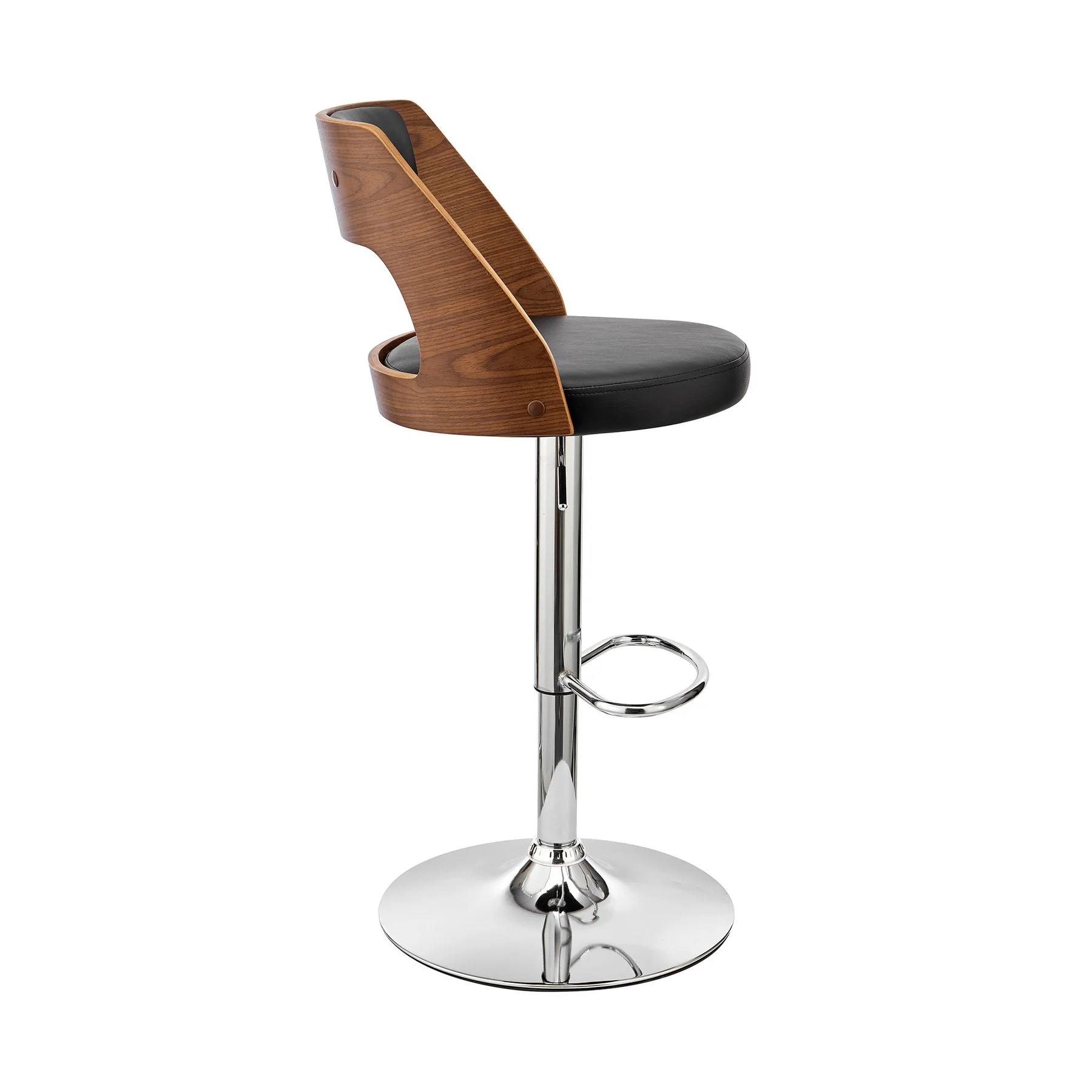Paulo Adjustable Swivel Black Faux Leather and Walnut Wood Bar Stool with Chrome Base - Image 3