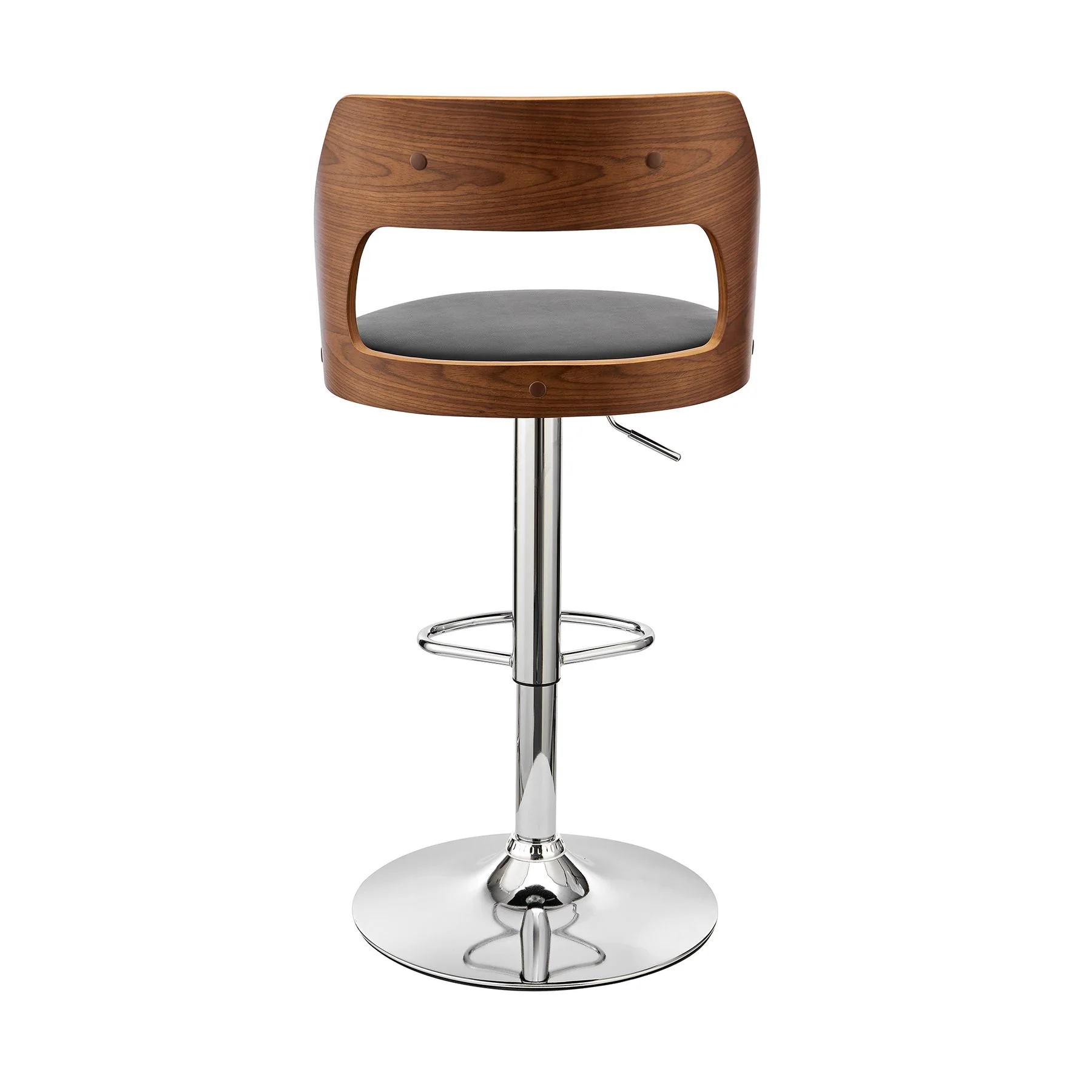 Paulo Adjustable Swivel Black Faux Leather and Walnut Wood Bar Stool with Chrome Base - Image 5