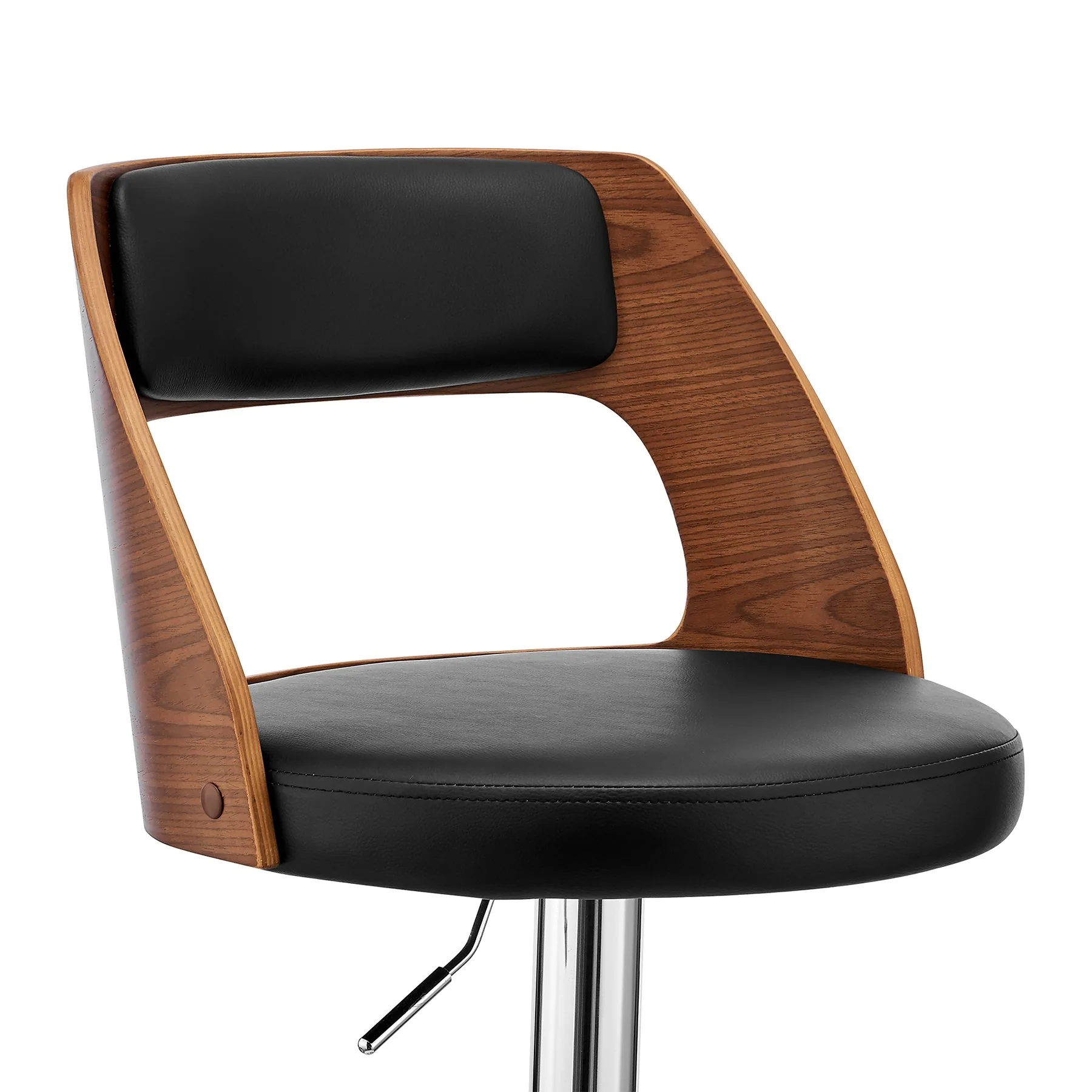 Paulo Adjustable Swivel Black Faux Leather and Walnut Wood Bar Stool with Chrome Base - Image 6