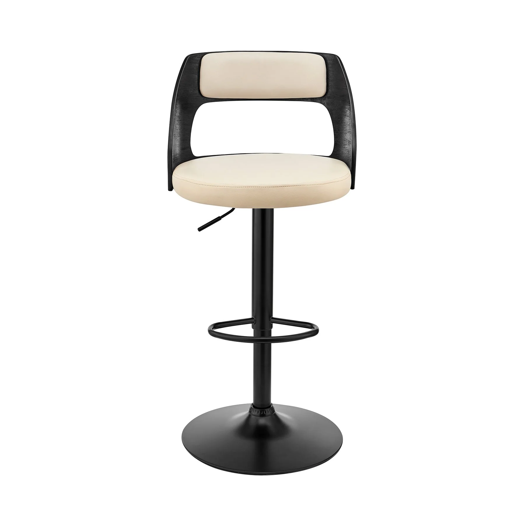 Paulo Adjustable Swivel Cream Faux Leather and Black Wood Bar Stool with Black Base - Image 2