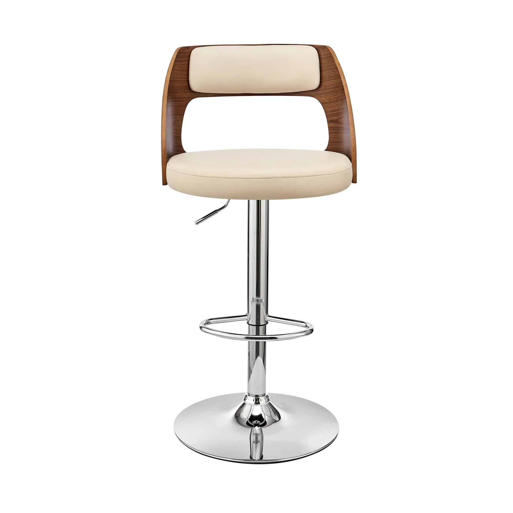 Paulo Adjustable Swivel Cream Faux Leather and Walnut Wood Bar Stool with Chrome Base - Image 2