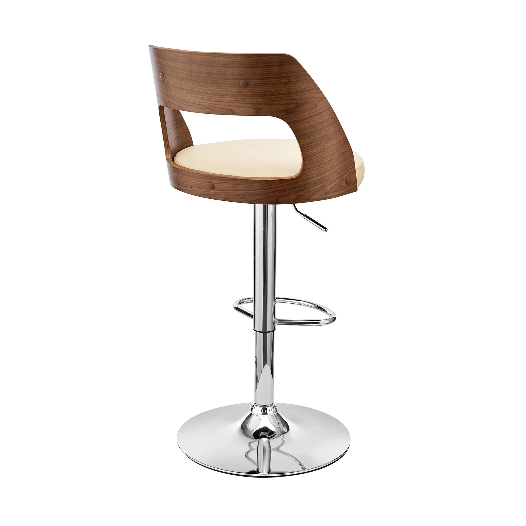 Paulo Adjustable Swivel Cream Faux Leather and Walnut Wood Bar Stool with Chrome Base - Image 4