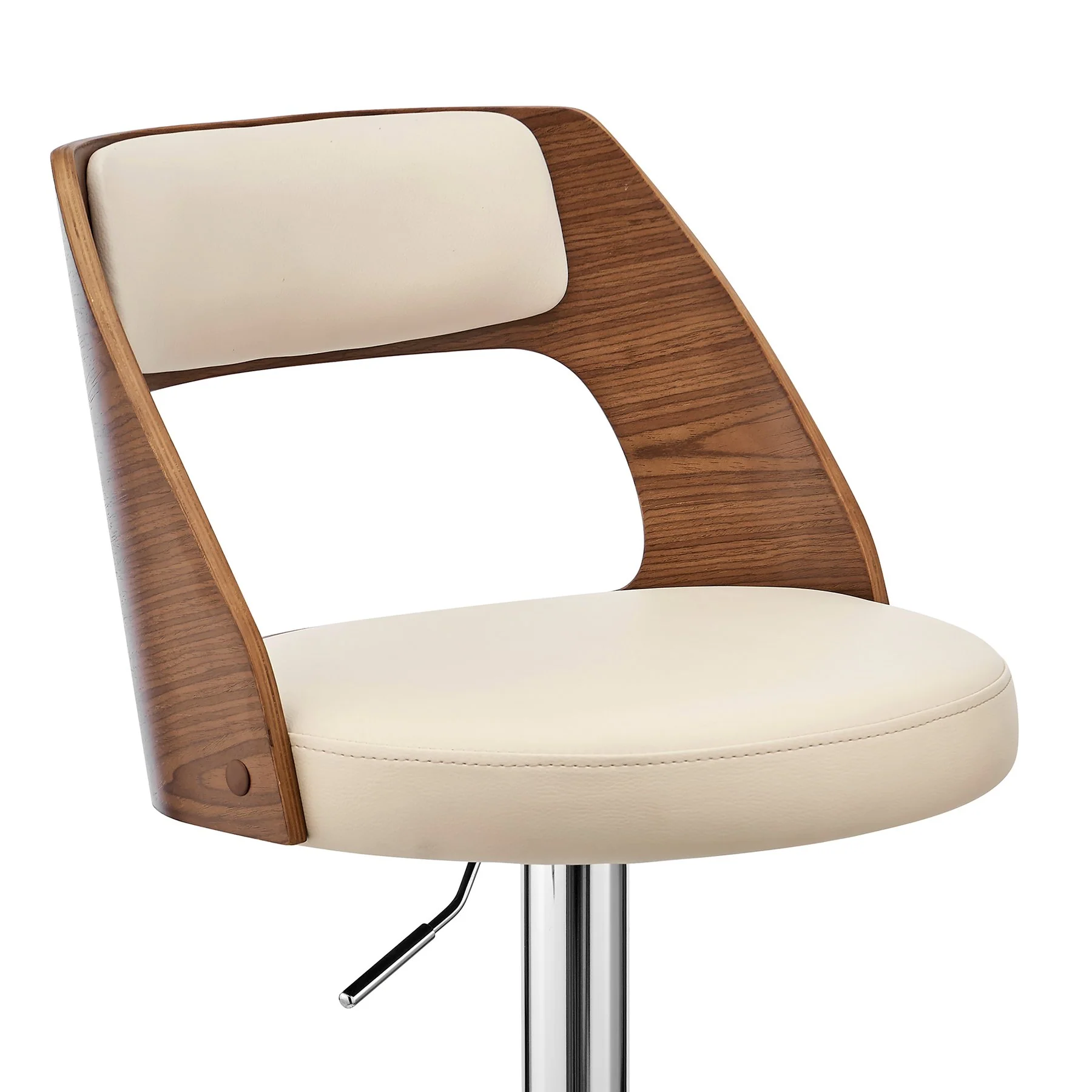 Paulo Adjustable Swivel Cream Faux Leather and Walnut Wood Bar Stool with Chrome Base - Image 6