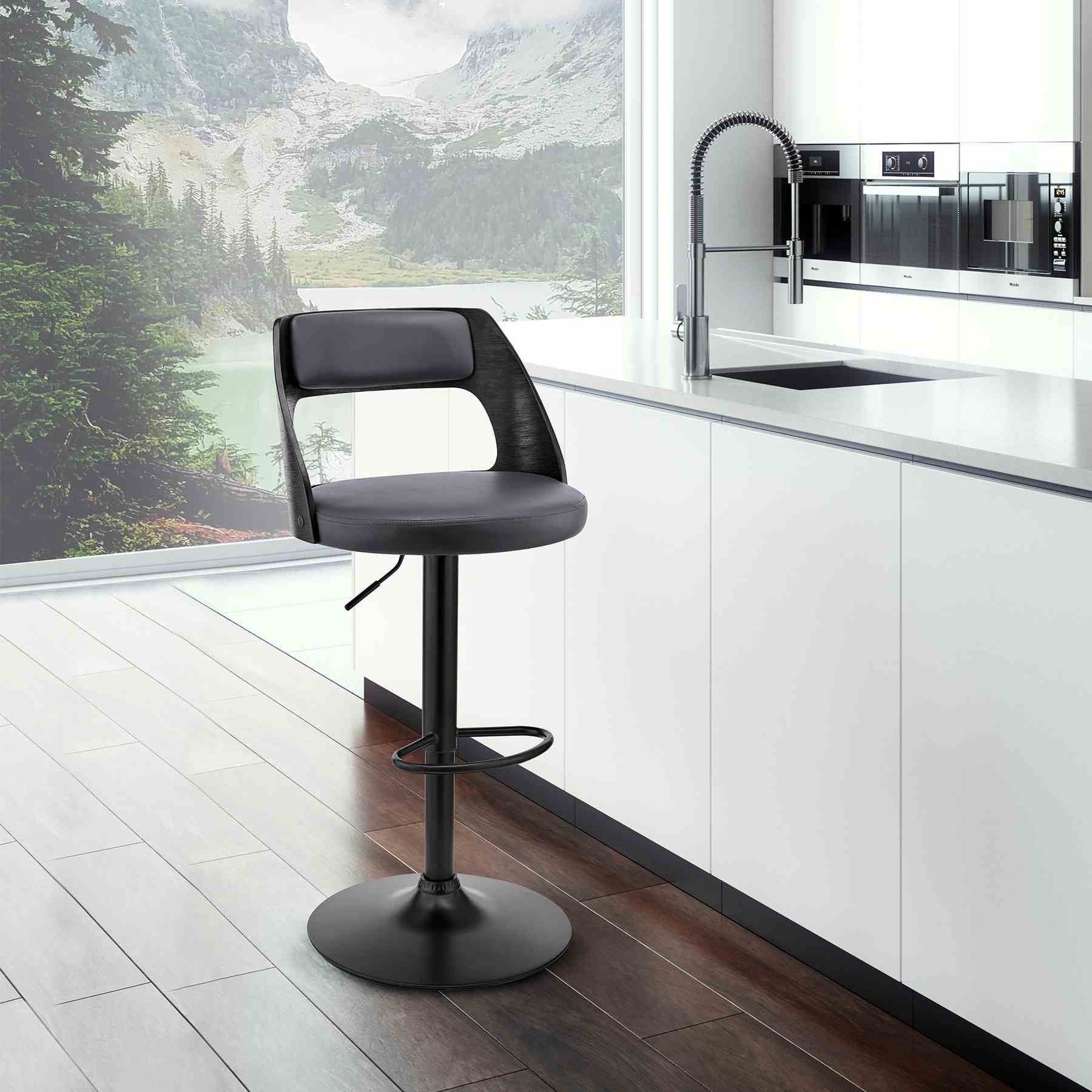 Paulo Adjustable Swivel Gray Faux Leather and Black Wood Bar Stool with Black Base - Image 10