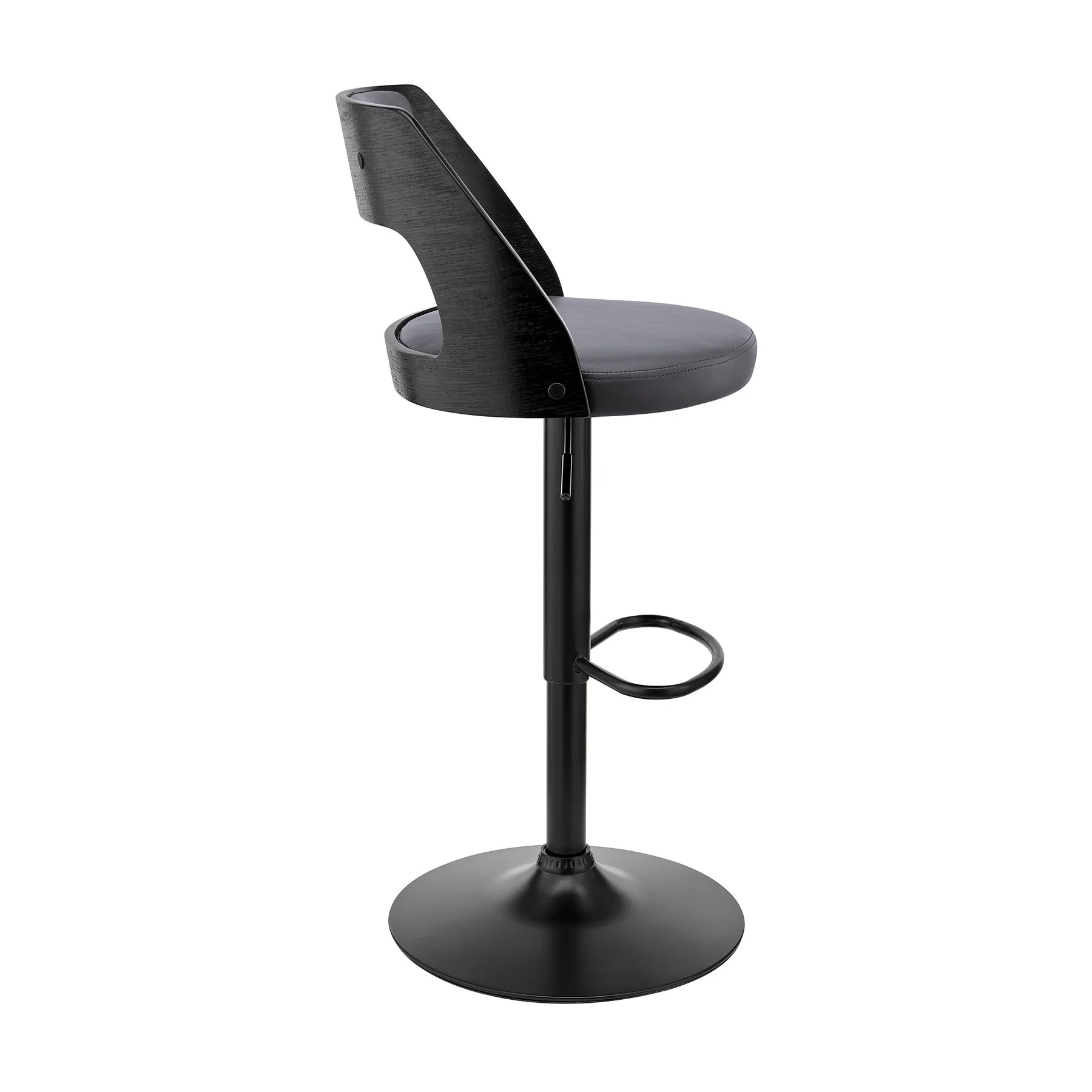 Paulo Adjustable Swivel Gray Faux Leather and Black Wood Bar Stool with Black Base - Image 3