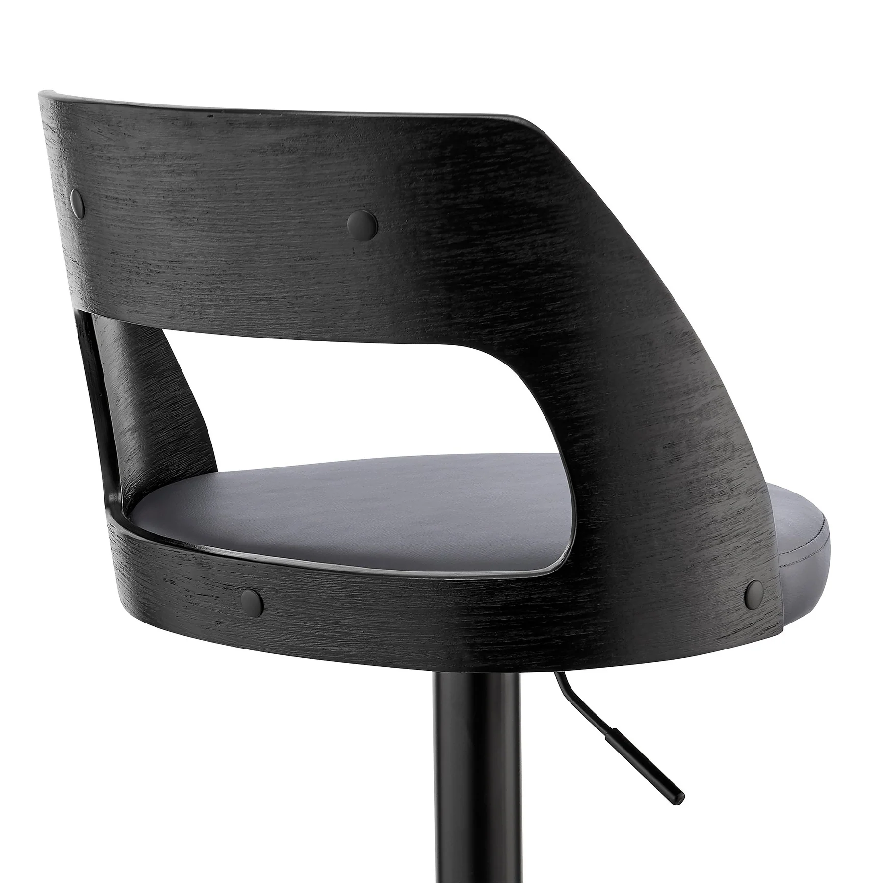 Paulo Adjustable Swivel Gray Faux Leather and Black Wood Bar Stool with Black Base - Image 7