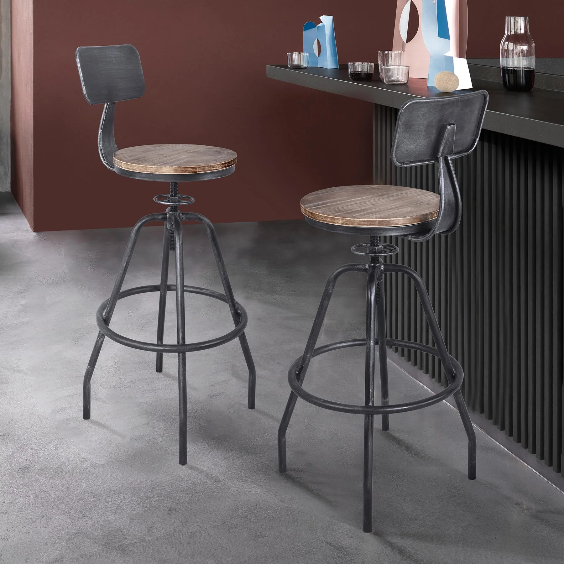 Perlo Industrial Adjustable Barstool in Industrial Gray and Pine Wood - Image 9